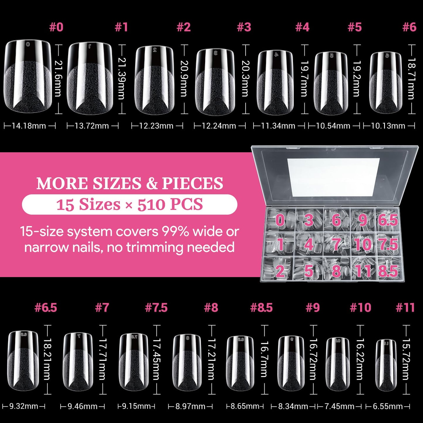 Qiek Short Square False Nail Tips, 15 Sizes 510 PCS Clear French Press On Fake Nail Soft Pre-shaped Half Matte Full Cover Gel Nail Tips Extensions Thick Long Lasting for DIY Beginners & Salon Manicure