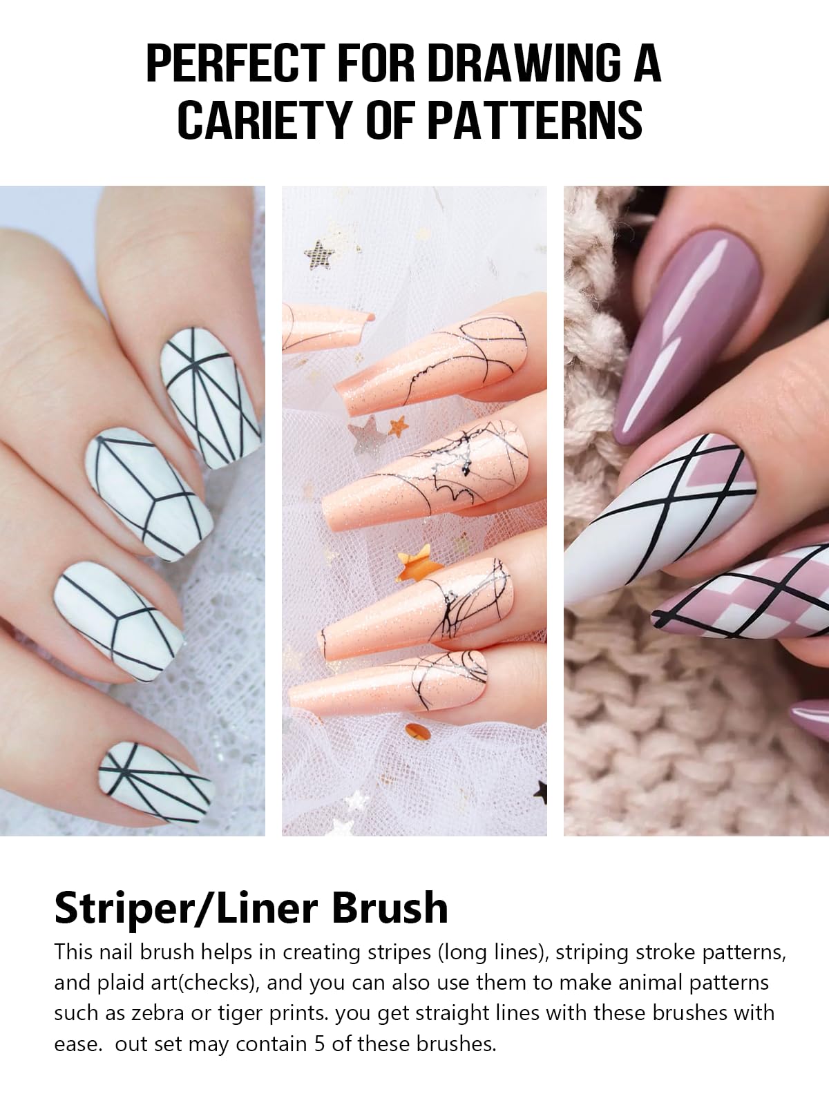 Nail Liner Brush, Fine Line Nail art Brushes 5/9/15/20/25mm Thin Line Nail Brushes Detail Drawing, Liner Brush for Nails Gel with PP Storage Box