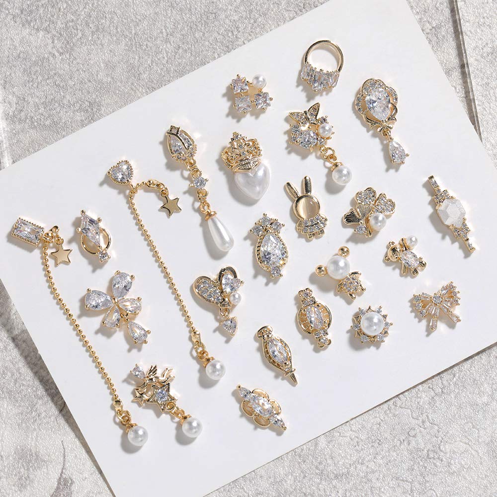 30Pcs Nail Art Crystal Pearl Charms Mix Shapes Zircon Dangle Rhinestones Nail Jewelry 3D Dangle Nail Charms Crystal Metal Nail Gems Nail Flowers Jewelry Studs for Nail DIY