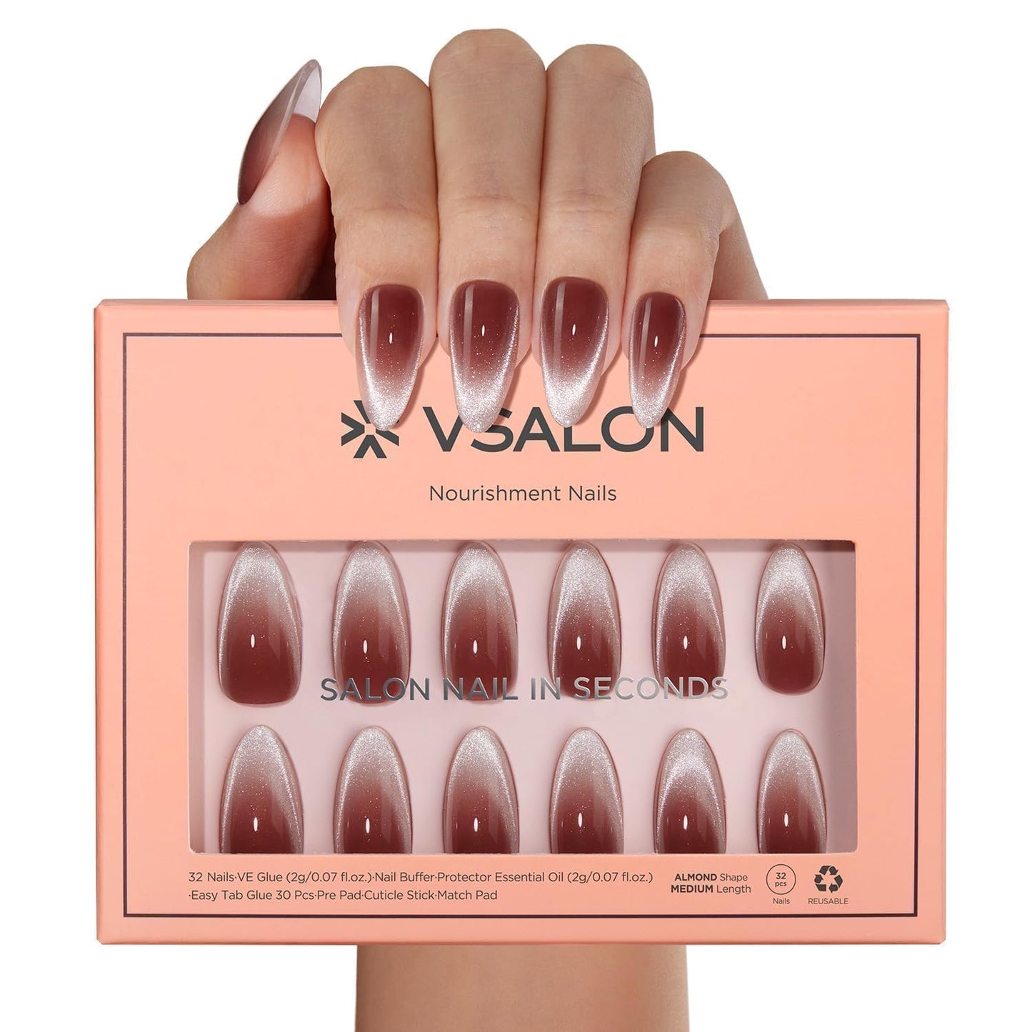 VSALON Almond Medium Press on Nails, Red Maroon Ombre Cat Eye French Tip Summer Semi-transparent Glossy Glitter False Nails, Reusable Gel Fake Nails Kit - 32 PCS in 16 Sizes with Glue & Cuticle Oil