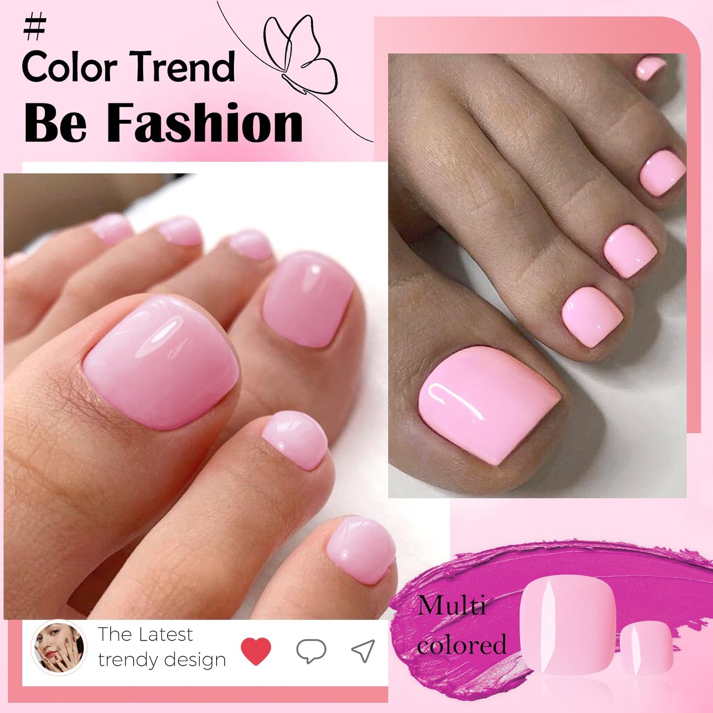 LoveOurHome 120pc Pink Press on Toenails Women Fake Toe Nails with Glue Tabs, Pink Fake Toenails Press on Toe Nails Glue on Toenail Acrylic Toes Nail Tips Artificial False Toenail for Women Girls