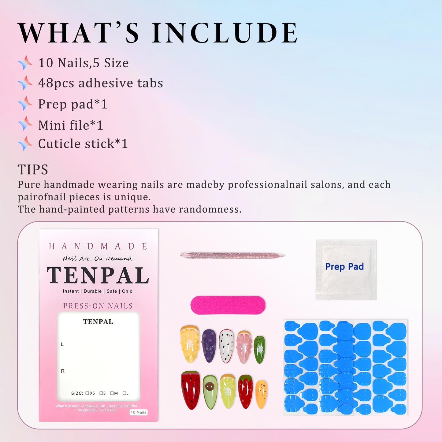 TENPAL Summer Fruit Press on Nails - Vibrant Almond Shaped Fake Nails with Kiwi, Watermelon & Avocado Designs | Reusable Colorful Nail Art for Women | Tropical Fruit Manicure Set (Medium Length,L)