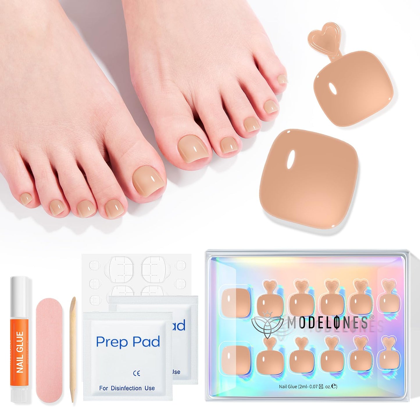 Modelones Press on Toenails Short, Sheer Nude Toe Press on Nails Square, Reusable Nail Kit with Nail Glue Adhesive Tabs Mini Nail File, Toe Nails 36Pcs 18Sizes, Spring Summer Women Girl Gift