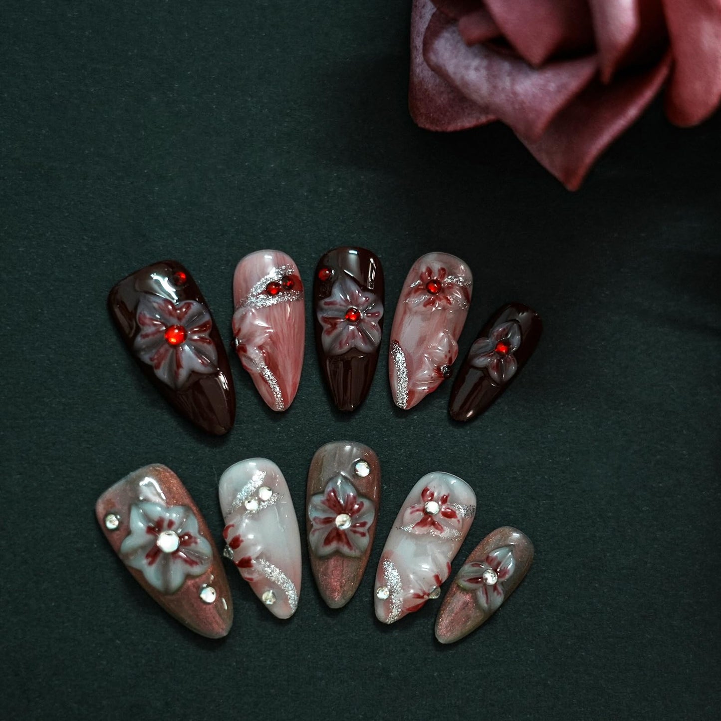 Tesytto Handmade Floral Press on Nails - Medium Almond 3D Embossed Rhinestones & Red Ombre, Thick Acrylic Gel Nails for Parties, Valentine's Day (Evil Flower,S)