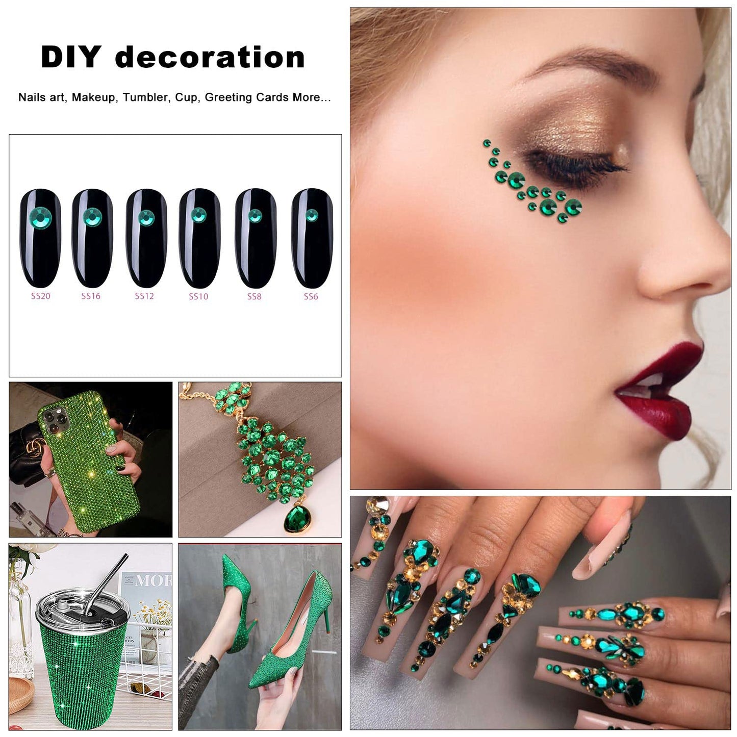 Meibite Emerald Glass Flatback Rhinestones for Nails, Crafts & Clothes – 4240PCS 6 Sizes (SS6–SS20) Crystal Gems Kit with Tweezers & Picker, Non Hotfix DIY Rhinestones for Tumblers, Shoes, Nail Art