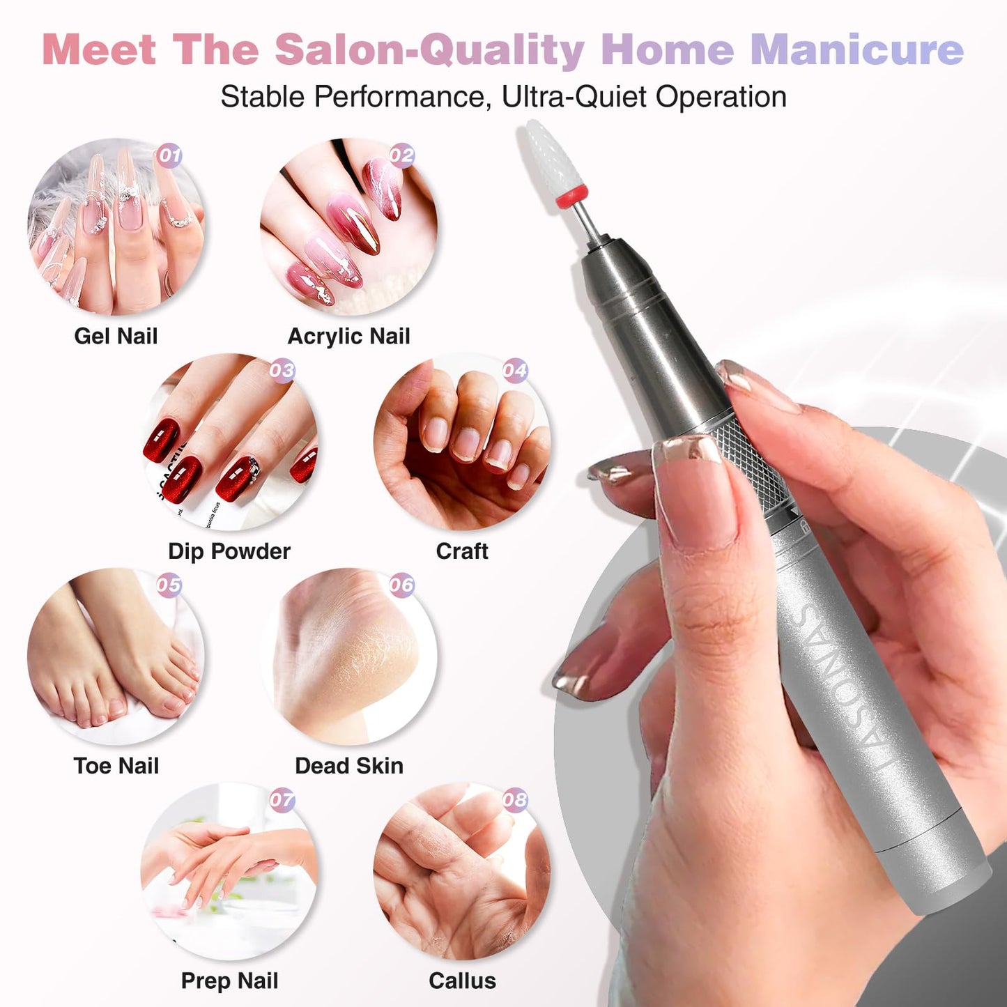 Electric Nail Drill Machine Professional, 40000 RPM Cordless Nail File Low Noise, Portable Rechargeable Nail Drill with Bits Kit for Acrylic Gel Nails Manicure & Removal