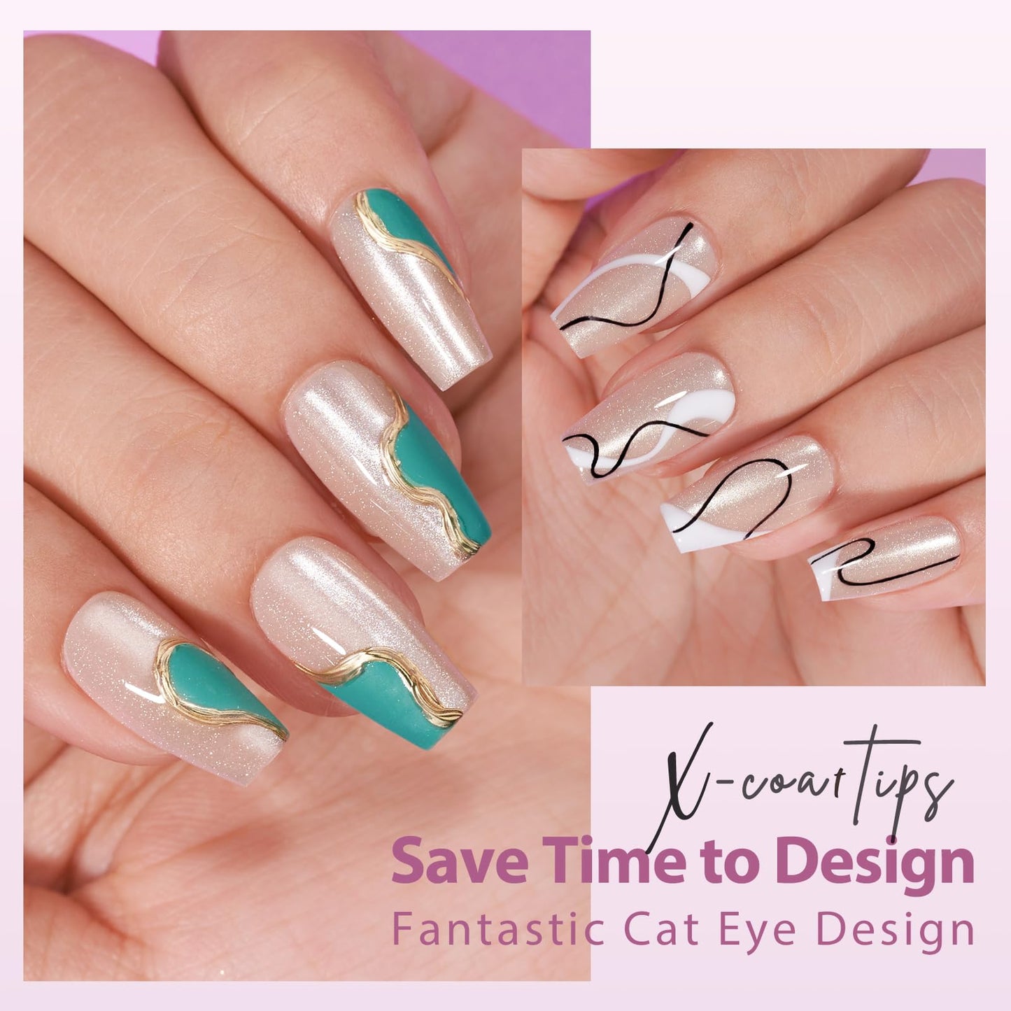 BTArtboxnails Cat Eye XCOATTIPS - Soft Gel Coffin Nail Tips, Glitter Press On Nails Short, Soak Off Acrylic Fake Nails Glue On Nails In 16 Sizes - 160 Nail Extension Set, Aurora