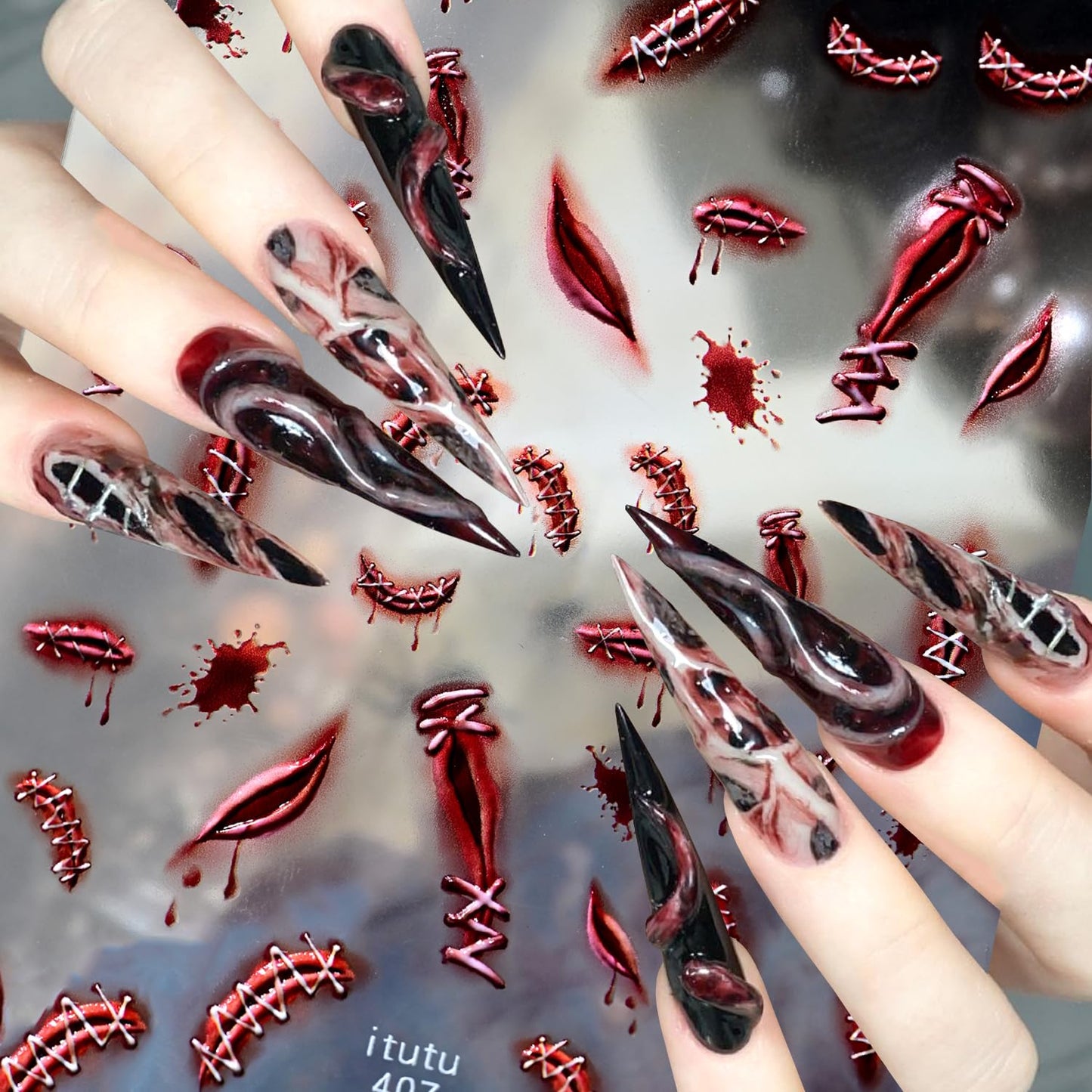 1Sheet Blood Scar Nail Art Stickers Decals 5D Embossed Horror Halloween Nail Stickers Self-Adhesive Wound Designs Nail Decal Bloody Scars Nail Sticker for Women DIY Manicure Decoration Supplies