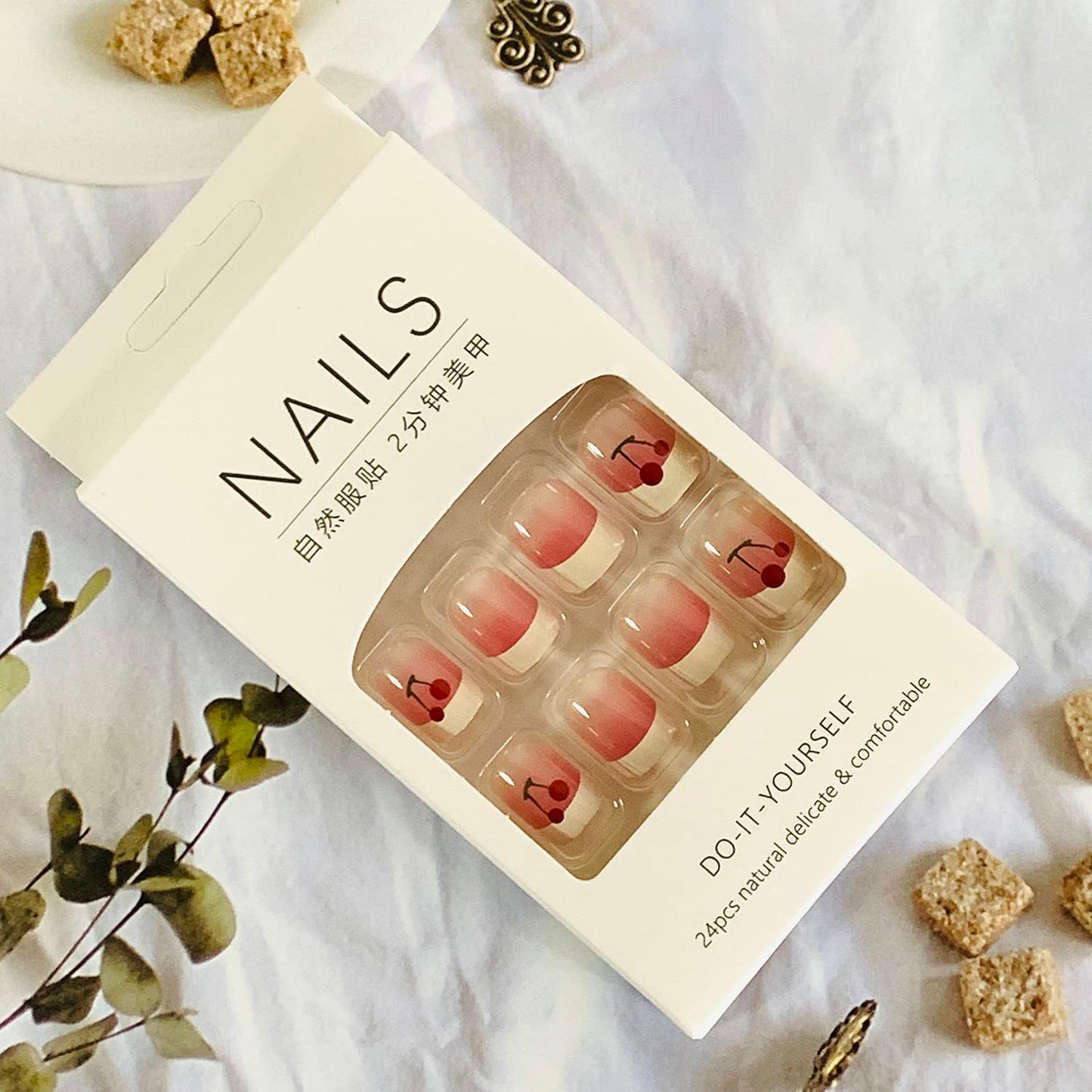 Press on Nails French Tips Short Square Full Cover Reusable False Nails Kits Glue on Nails with Cherry Designs Artificial Glossy Fingernails Acrylic Fake Nails for Women Stick on Nails Coffin Shape