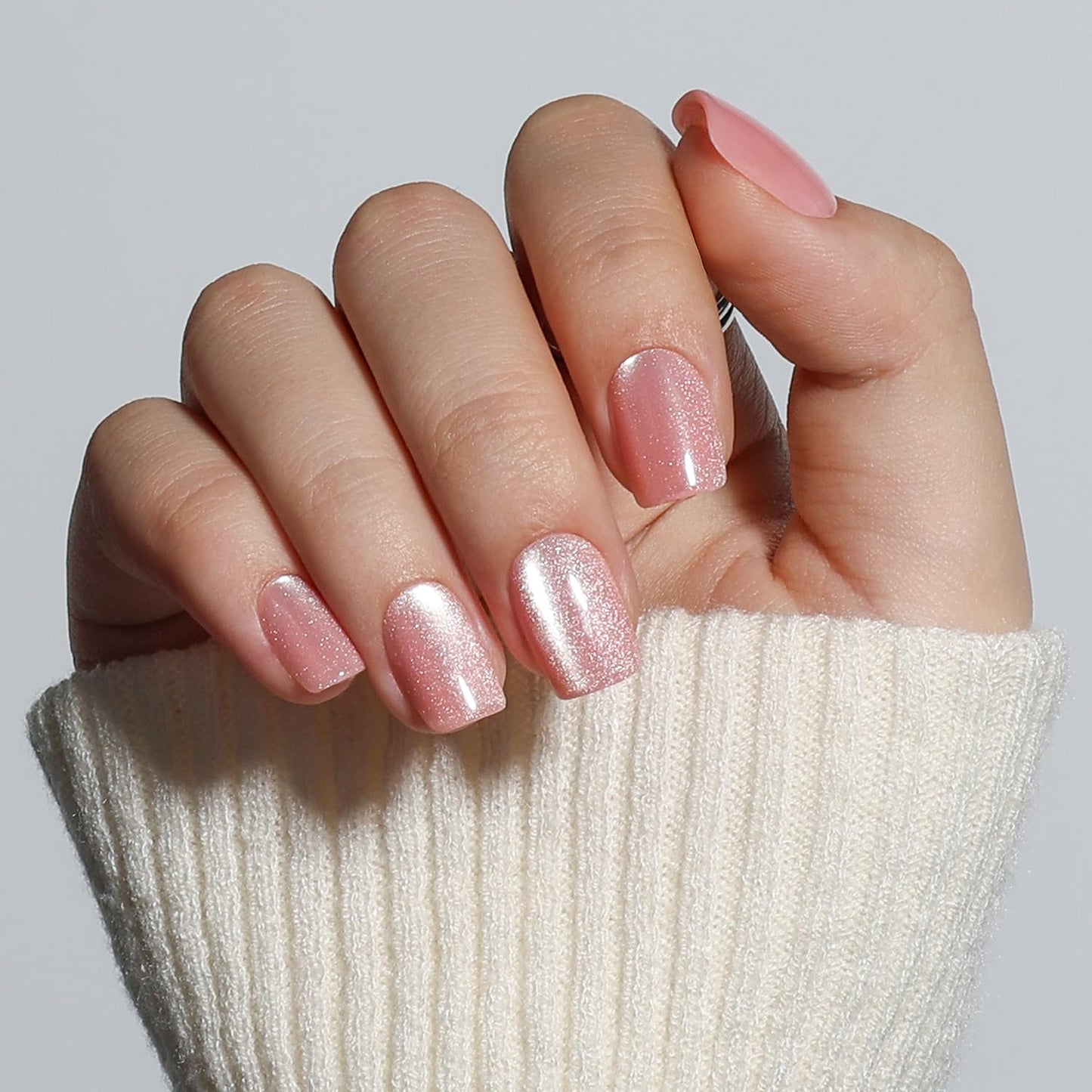 Cat Eye Press On Nails Square - Pink Short Square Fake Nails, Cateye Press On Nails Reusable Stick On Nails in 15 Sizes 30pcs False Nail Kit for Women & Girls (Fairy Pink)