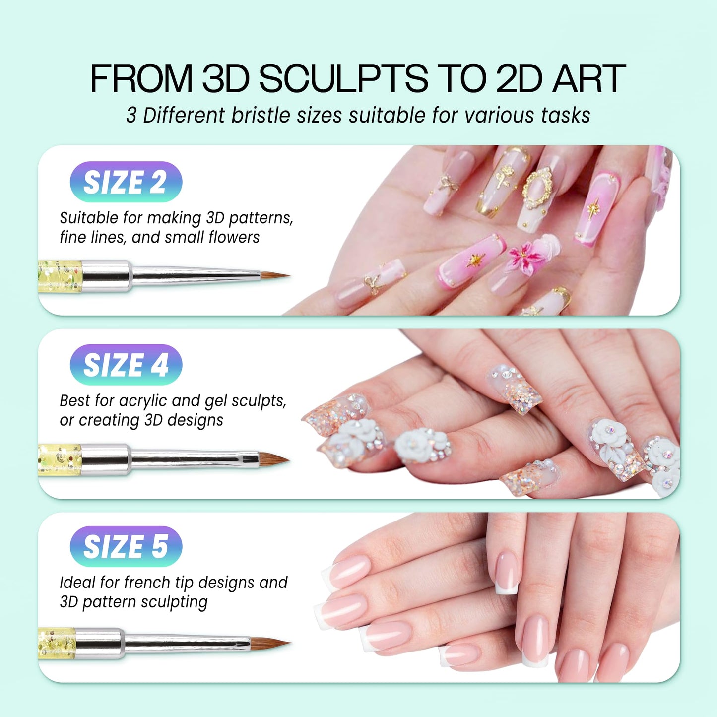 PANA Kolinsky 3D Acrylic Nail Brushes with Liquid Glitter Handle - For Professional Acrylic Powder Liquid Manicure Pedicure (Rainbow Color, Size #4)