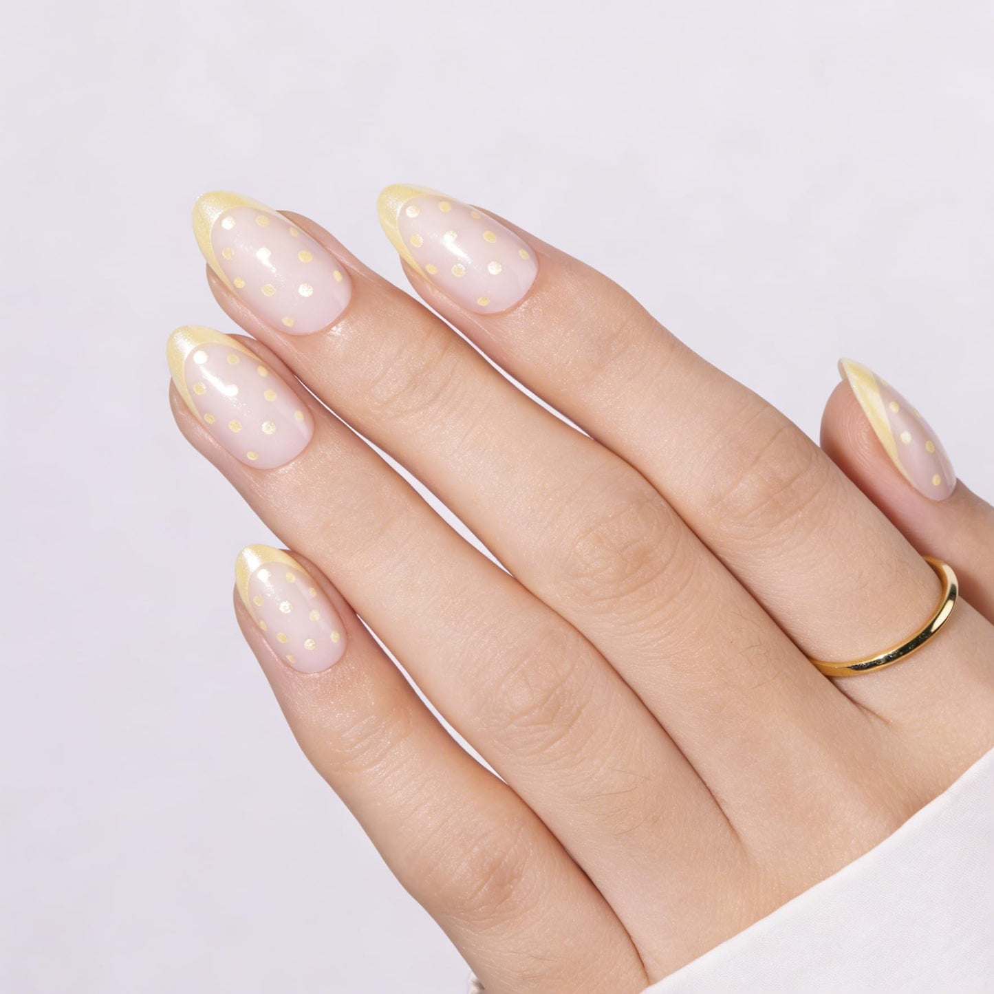 PILOLO Press On Nails Polka Dot Fake Nail Tips Adhesive Reusable Full Cover Acrylic False Nails Long Almond Stick On Manicure Set for Women Girls Gift (Lemon French Polka)