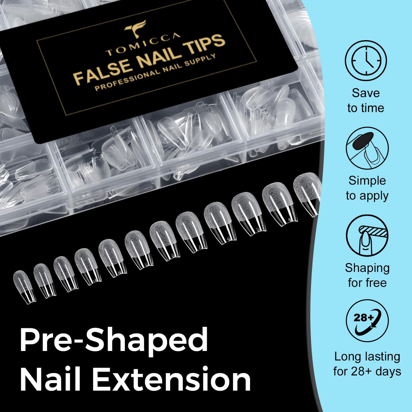 TOMICCA Short Coffin Nails Tips, 240PCS 15 Sizes Pre-Shaped Ultra Half Matte Clear Full Cover Acrylic Nails for DIY Salon, Gel Nail Extension Tips for Beginners & Nail Techs
