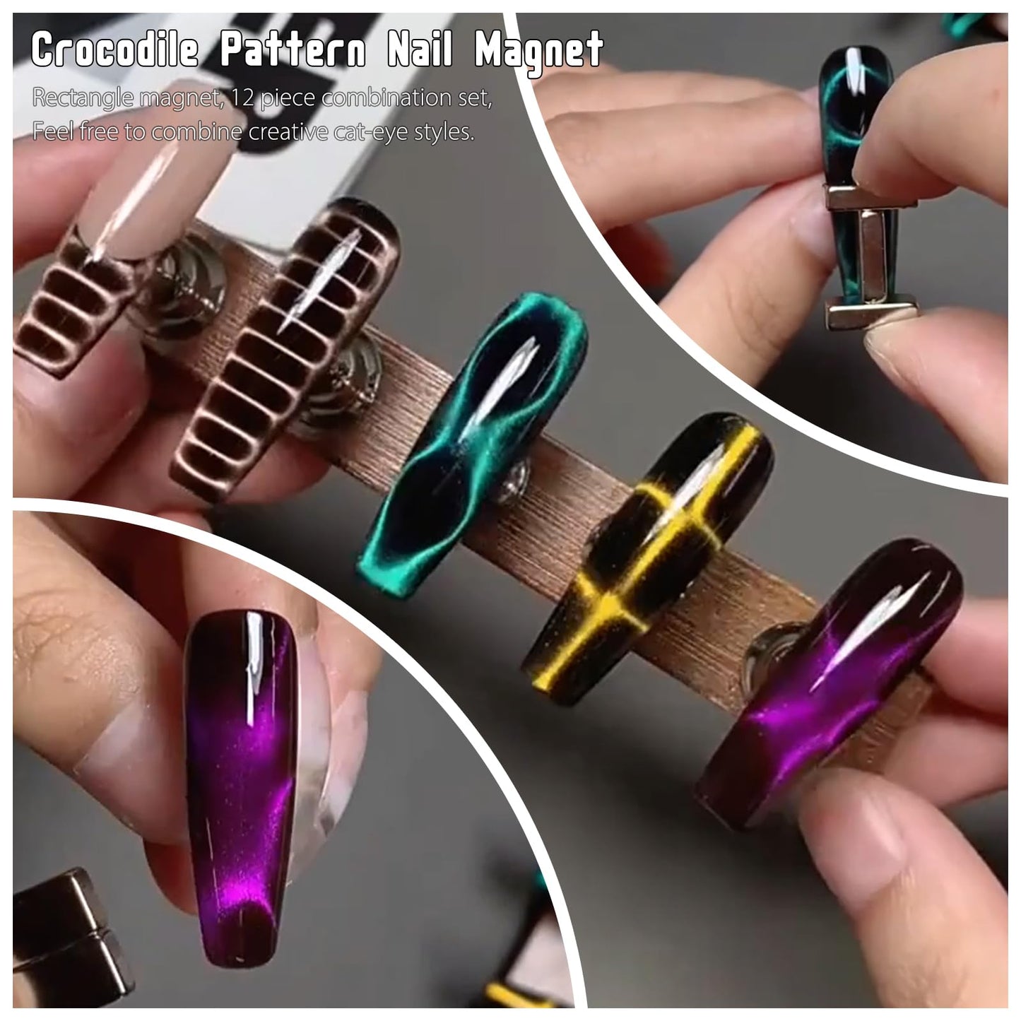 XEAOHESY 12 Pieces Cat Eye Magnet for Nails Rectangle Nail Magnet Square Nail Art Magnet with Crocodile Pattern Effect Powerful Manicure Magnetic Tool for Cat Eye Gel Nail Polish(0.39*0.19*0.12inch)