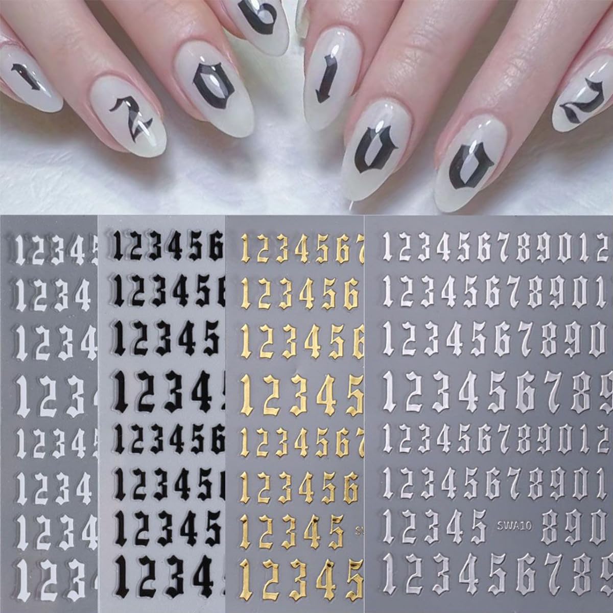 8Pcs Number Nail Stickers 3D Self-Adhesive Laser Arabic Numbers Nail Art Stickers Black White Gold Silver Nail Art Design Supplies 4 Colors Large Small Number Nail Decals for Women DIY Nail Charms Tip