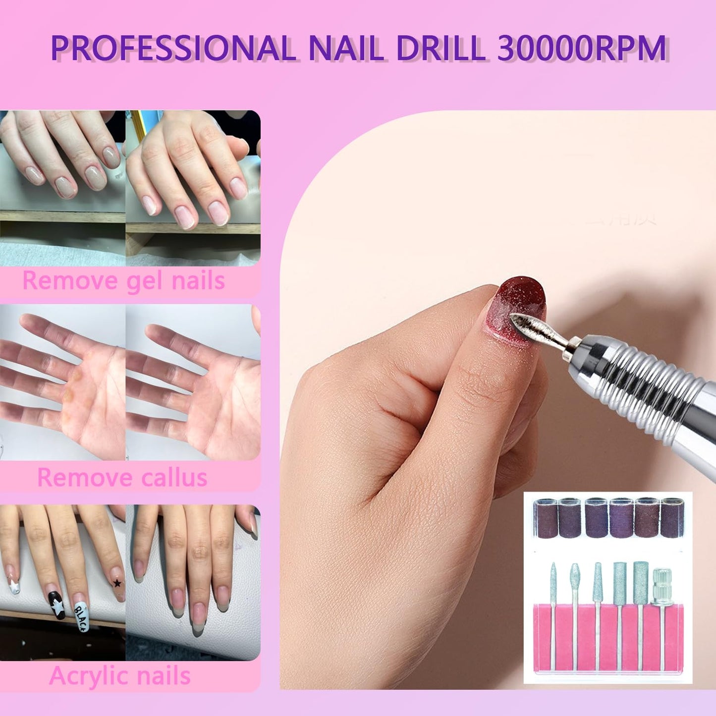 SUILU Electric Nail Drill File Professional,30000 RPM Portable Nail Drill Machine Kit Manicure Pedicure Tools Polishing Set with Nail Drill Bits Sanding Bands (Dazzling Purple)