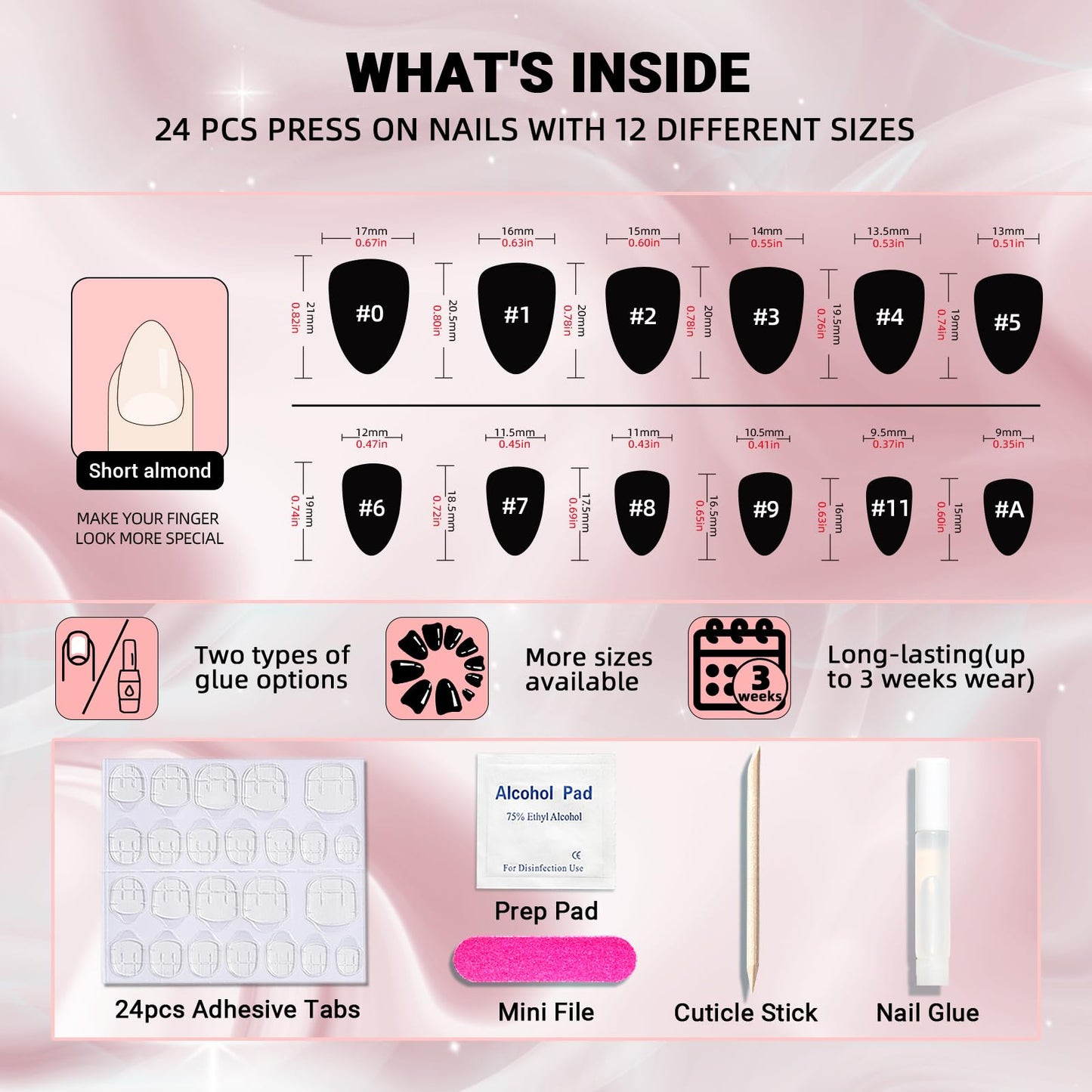 Black Press On Nails Short Almond Cat Eye False Nails with Handmade Jelly Magnet,Stiletto Glue On Nails-24Pcs Fake Nails Kit,Opal