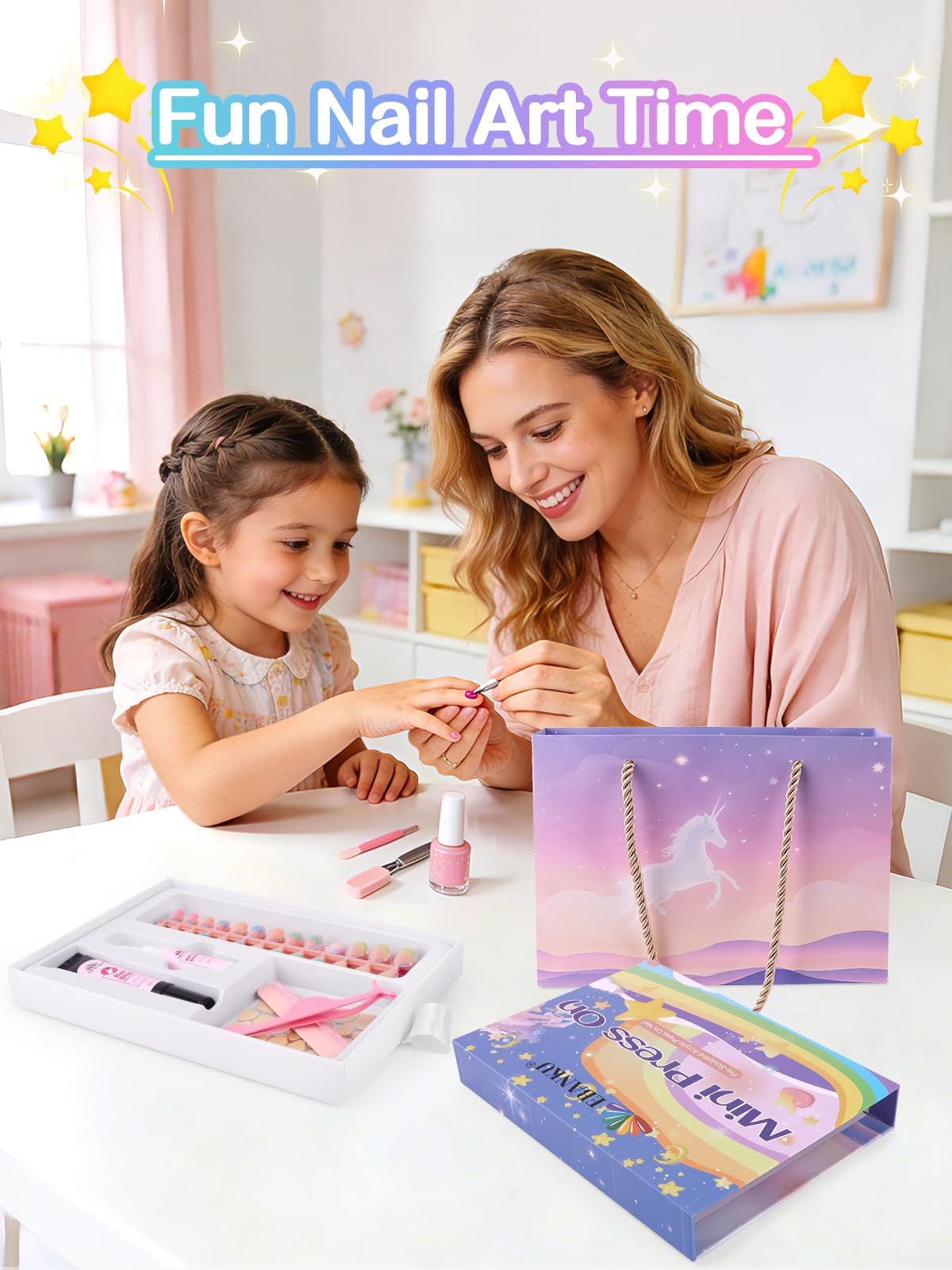 EBANKU 156 Pcs Press on Nail Kids Gift Box, 6 Pack French Flower Kid Flase Nails Kit with Nail Glue Set Fake Nail for Girls 5-10 Years Christmas Gift Set