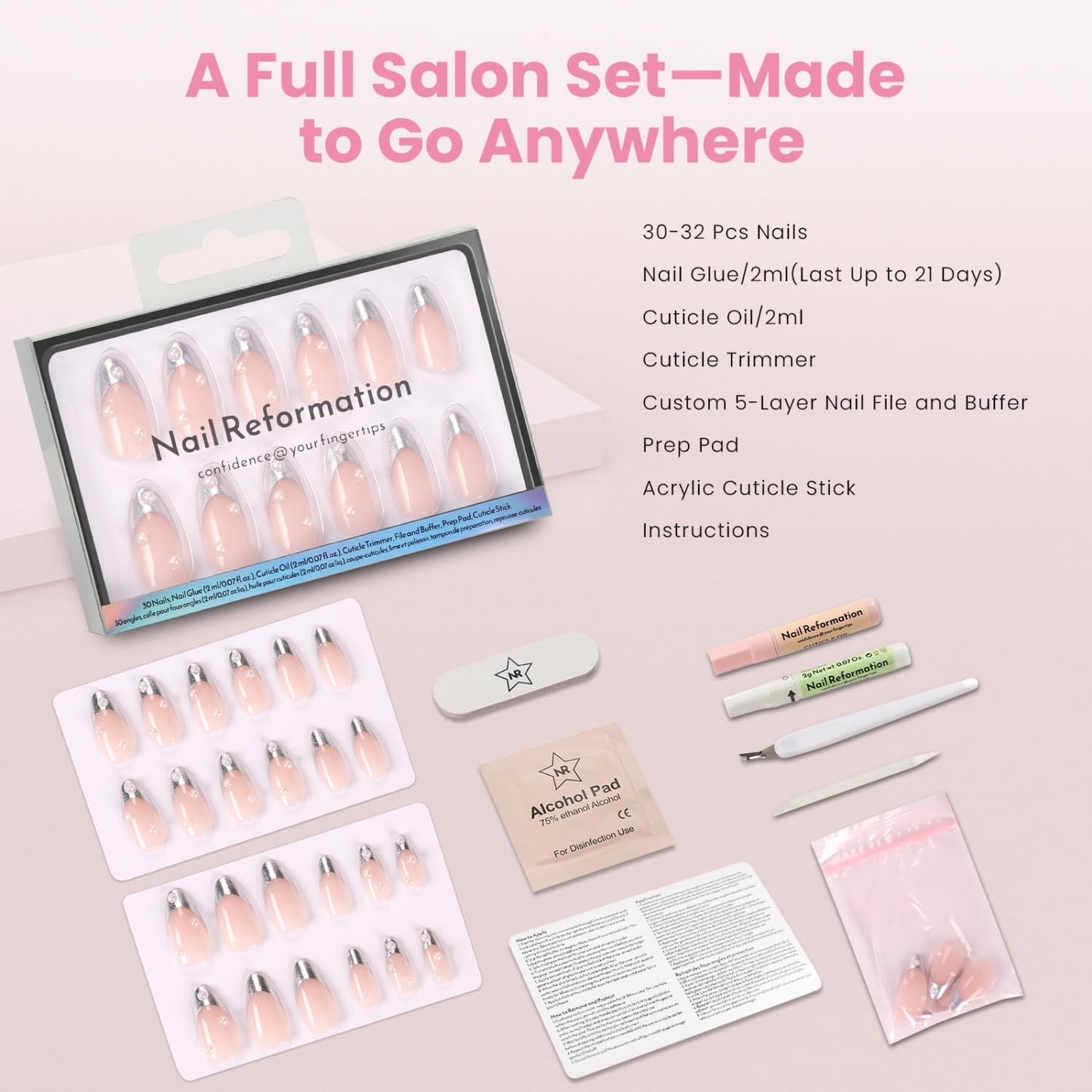 Nail Reformation Press On Nails, Beaded Clutch | Sheer Nude Medium Almond Fake Nails with Metallic Silver French Tip & Pearl, Reusable Stick On Nails in 15 Sizes - 30 False Nail Kit, Gifts for Women