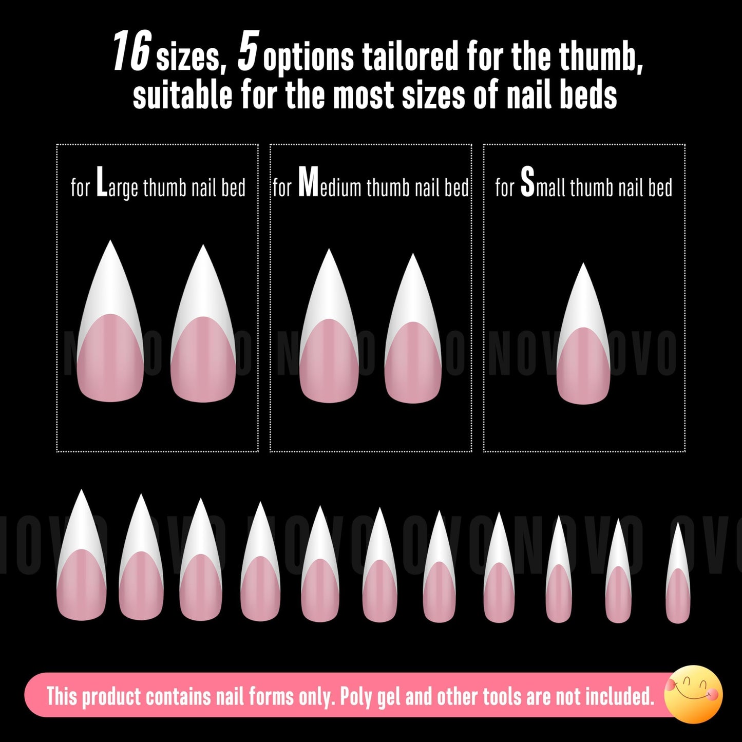 NOVO OVO White French Tip Sharp Stiletto Pointed Medium Long Nail Tips Press on Berry Pink, Soft Gel Fake Acrylic Extension, Full Cover False Nails for Salon DIY x 16 Sizes 160 pcs