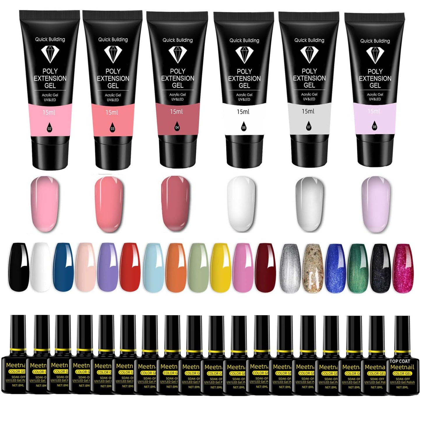 MeiBoes Gel Nail Polish Kit with 48W UV Lamp, 22pcs nail polish with Base Coat and Top coat, 6 Colors Extension Poly Nail Gel set,Nail Drill & More,Professional Manicure Tool for Home DIY Salon