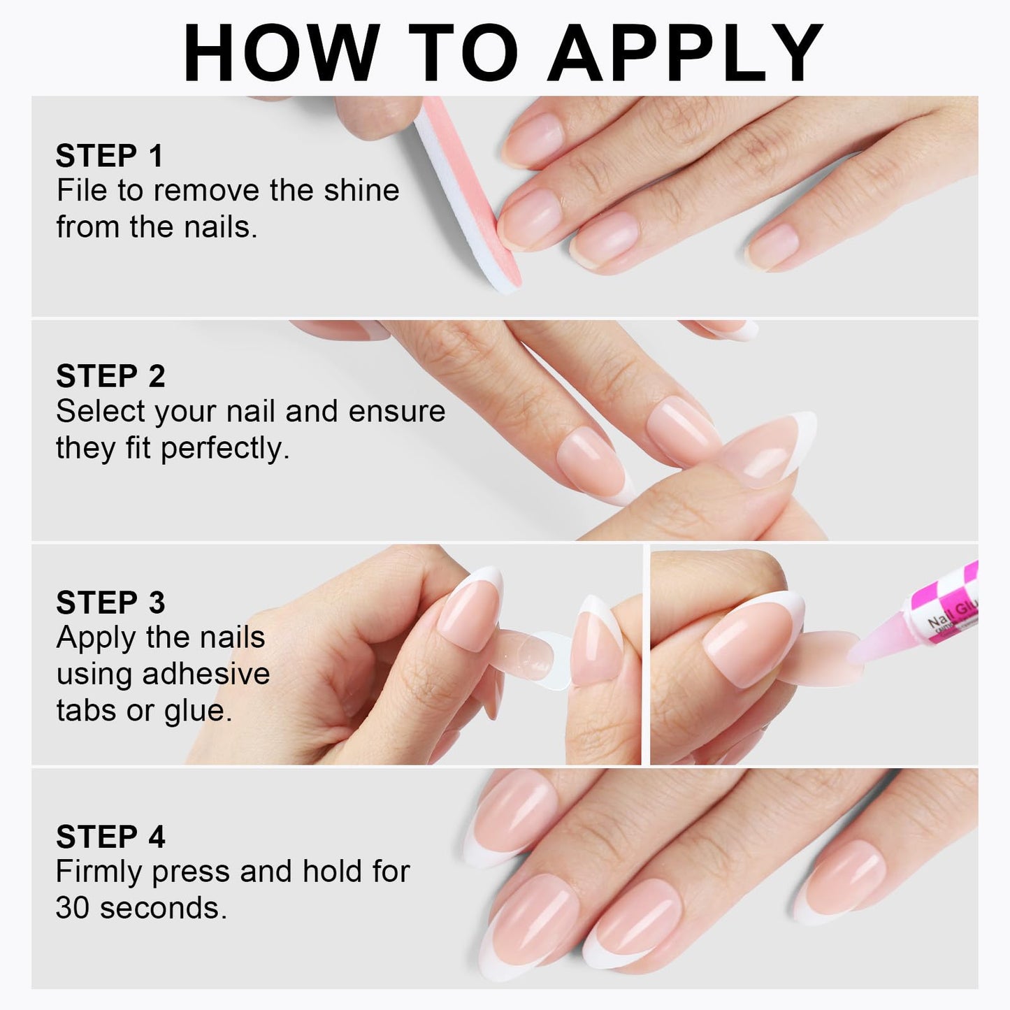 OIFEN Almond Press On Nails Short Fake Nails with Glue, Glossy Reusable Stick on Nails in 16 Sizes, Classic French & French Black Tip