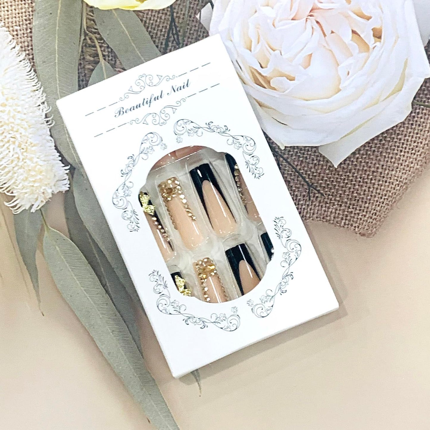 FIEONCIY Press on Nails Long Coffin Shaped Acrylic Glossy Full Cover Long Square French False Nails with Designs Artificial Extra Long Fake Nails with Charms Glue ons Fingernails for Women(XL10277)