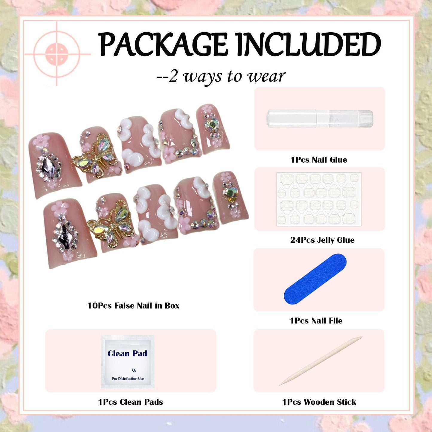 Butterfly Press on Nails, Muti-Layer Gel Handmade Press on Nails Medium, Duck Shaped False Nails with Rhinestone Flower, Full Cover Thickened Fake Nails Designs Stick on Nails for Women Nail Art DIY