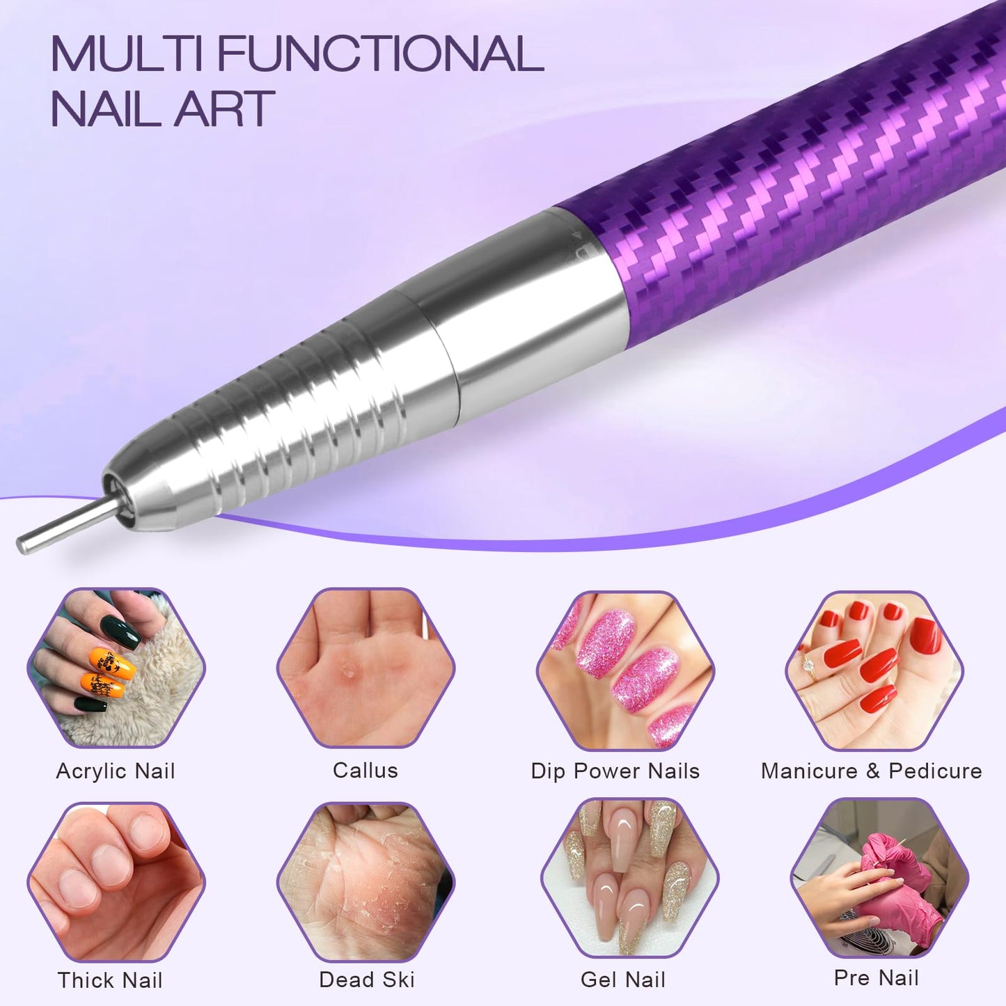 Professional Brushless Nail Drill, AZ GOGO 85W Cordless Electric Nail File 40000RPM Rechargeable Portable Nail Drill Machine for Gel Acrylic Nails, High Torque Quieter for Salon Nails Art (Purple)