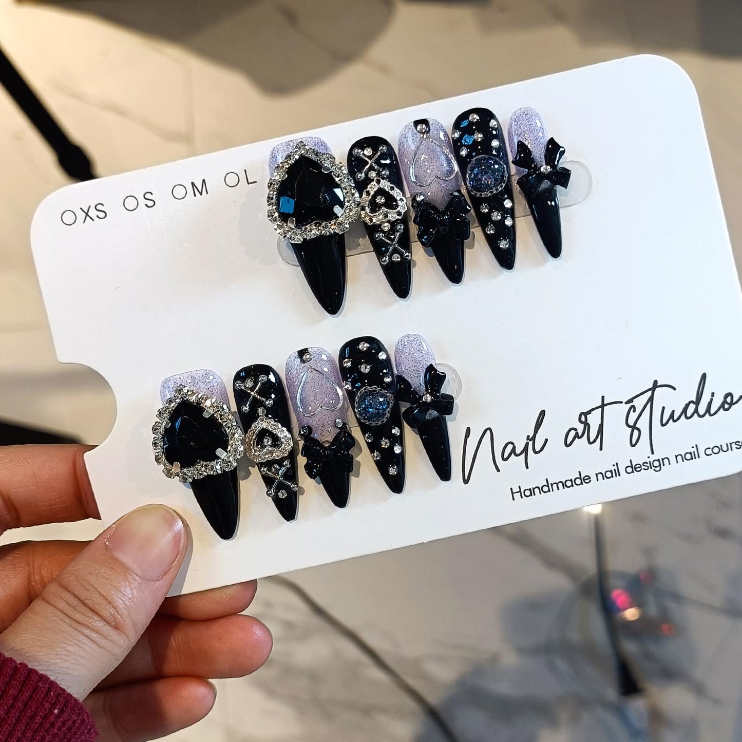 TENPAL Glam Punk Press on Nails Stiletto Almond Long,3D Heart Rhinestones&Metal Chains Designs,Black Glitter Purple Chrome Nails with Full Cover Micro Gems,Y2K Edgy Girly Streetwear Nails,10pcs XS