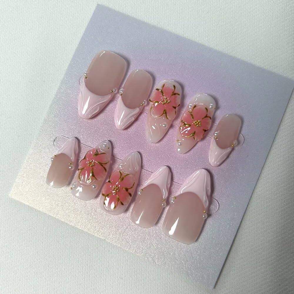 Handmade 10 Pcs Almond Press On Nails,French Pink Gel Fake Nails, Long Lasting Reusable False Nails for Women, Easy Application Salon Manicure Designs (Size S)
