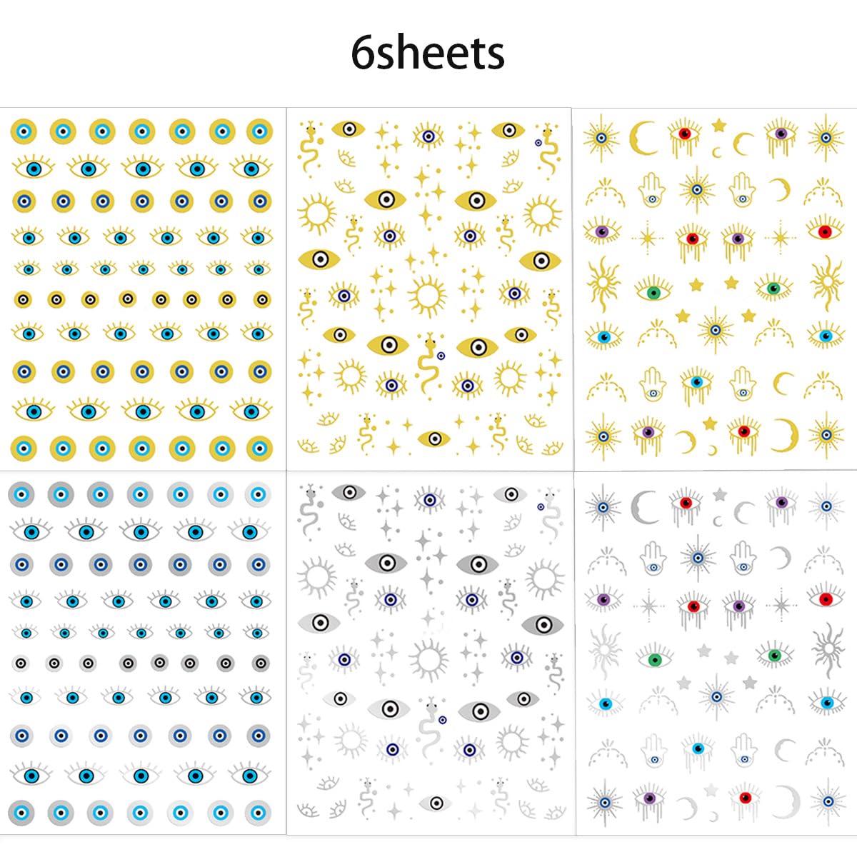 6 Sheets Halloween Eye Nail Art Stickers 3D Self Adhesive Gold Silver Nail Stickers Gothic Eye Nail Decals Star Sun Nail Art Supplies Halloween Holiday Nails Supply for Women DIY Manicure Kit