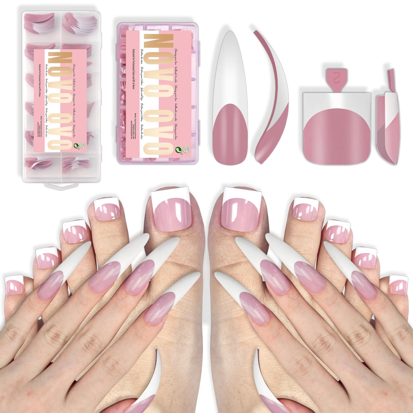 NOVO OVO Sharp Square and Curve Almond White French Tip Matching Set Nail Tips Press on BERRY PINK, Including One Box of Predesigned French Tip Soft Gel x Toe Nail Tips and One Box of Finger Nail tips