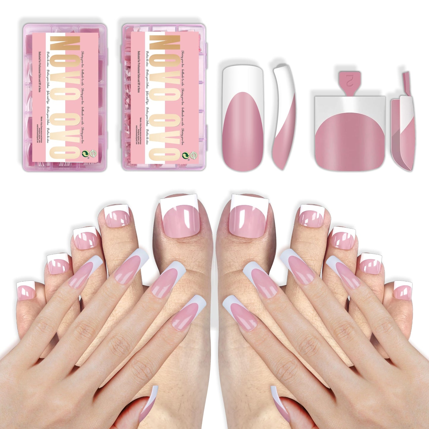 NOVO OVO Medium Sharp and Curve Sqaure White French Tip Matching Set Nail Tips Press on BERRY PINK, Including One Box of Predesigned French Tip Soft Gel x Toe Nail Tips and One Box of Finger Nail tips