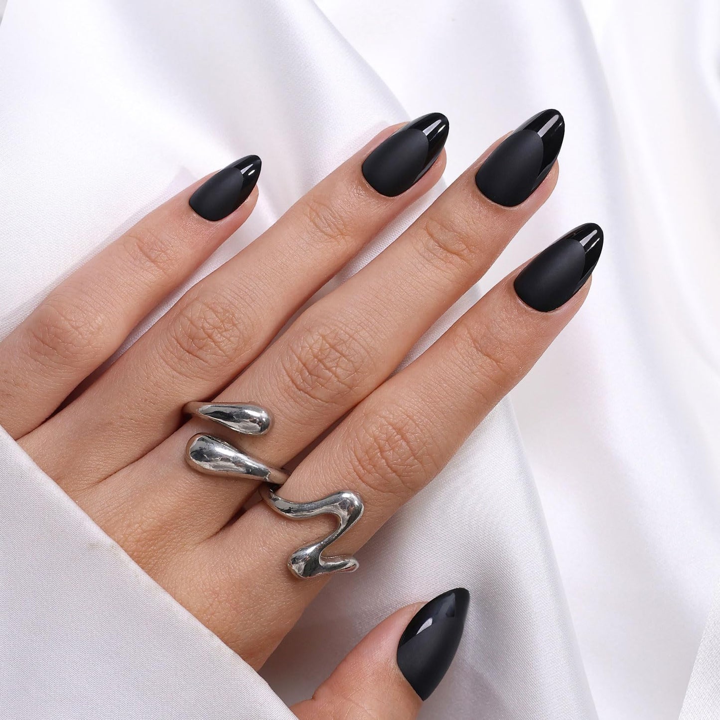 Soft Gel Black Press on Nails Almond - SHANGMENG Short Nails with Glossy French Tips in a Matte Finish, Stick on Nails with Glue in 16 Sizes - 32 Reusable Fake Nails for Women, Matte Black