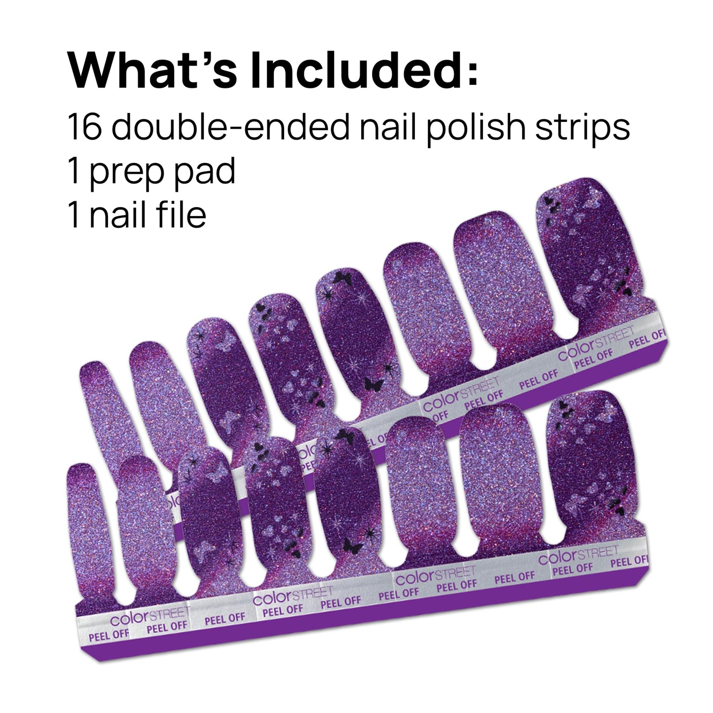 Color Street - Heart Takes Flight - Purple Lavender Ombre Glitter Butterfly Nails, Real Nail Polish Strips, Valentine’s Day Manicure Set - 16 Strips