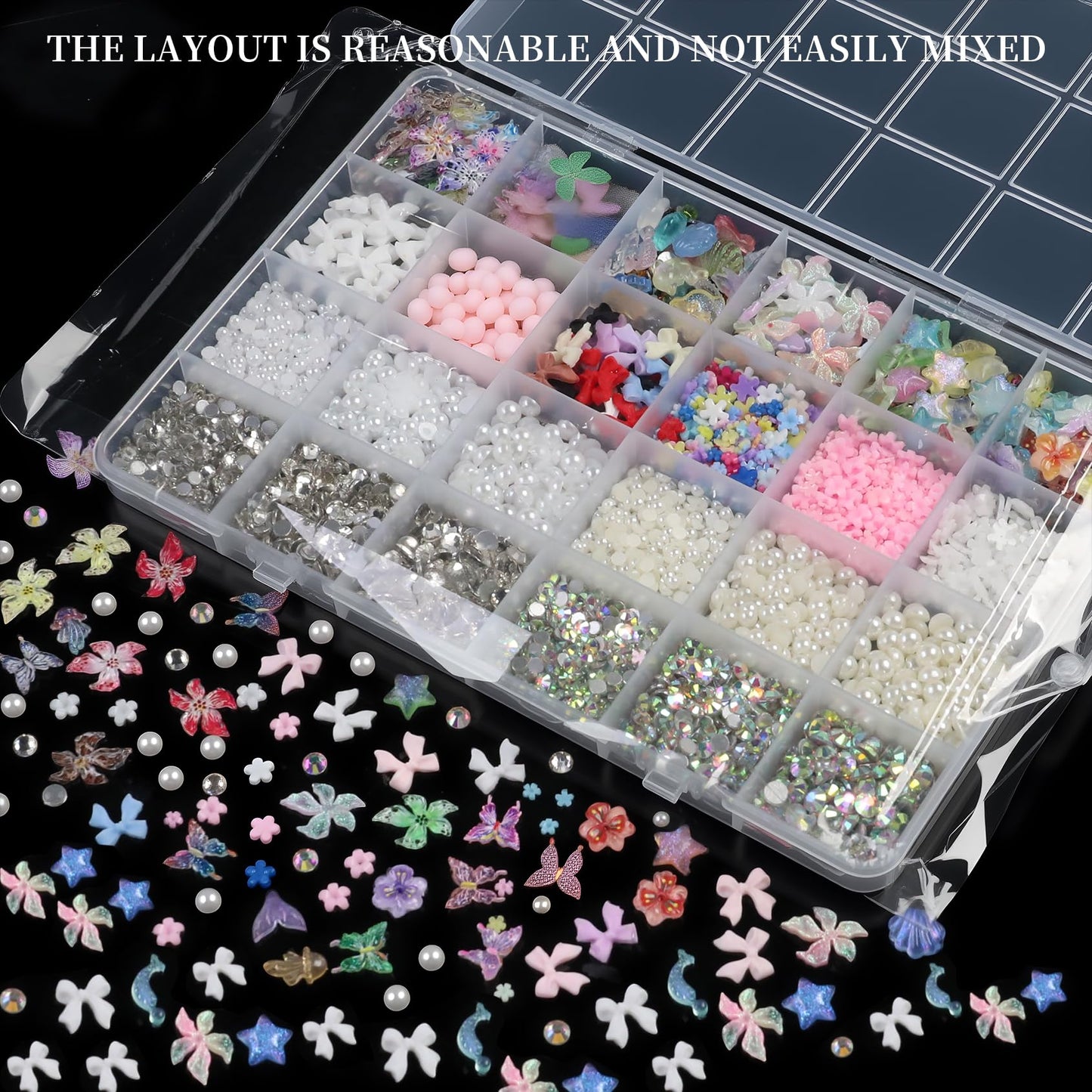 24 Grid Nail Charms - Multi Series Colorful Nail Charms and Gem: 3D Hawaii Flowers Butterflies Ocean Star Bows Rhinestones and Pearls - Charms for Nails Art Supplies DIY Accessories
