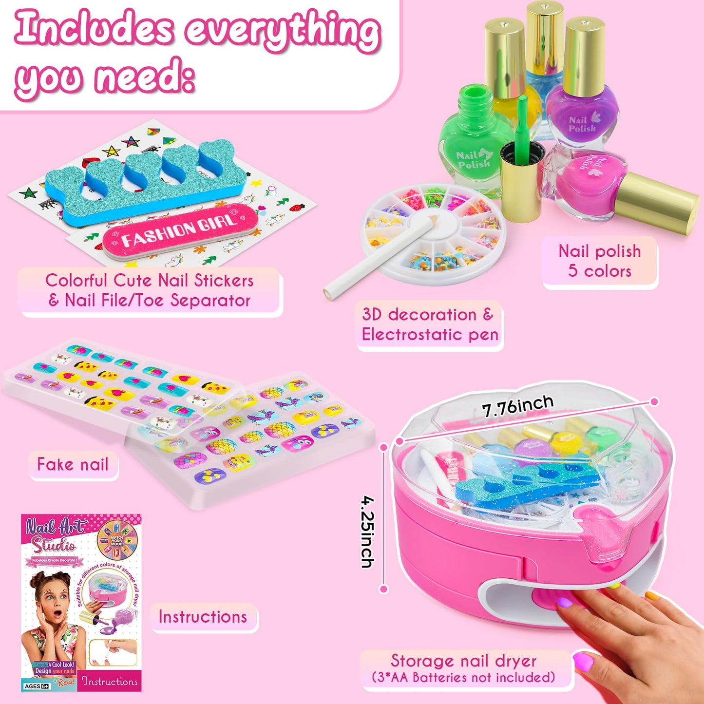 Ylovetoys Kids Nail Polish Set for Girls, Nail Art Kit for Kids Ages 7-12, All-in-One Nail Salon with Nail Dryer & Press On False Nails,DIY Decorative,Non-Toxic Polish,Stickers, Little Girl Gift Toys