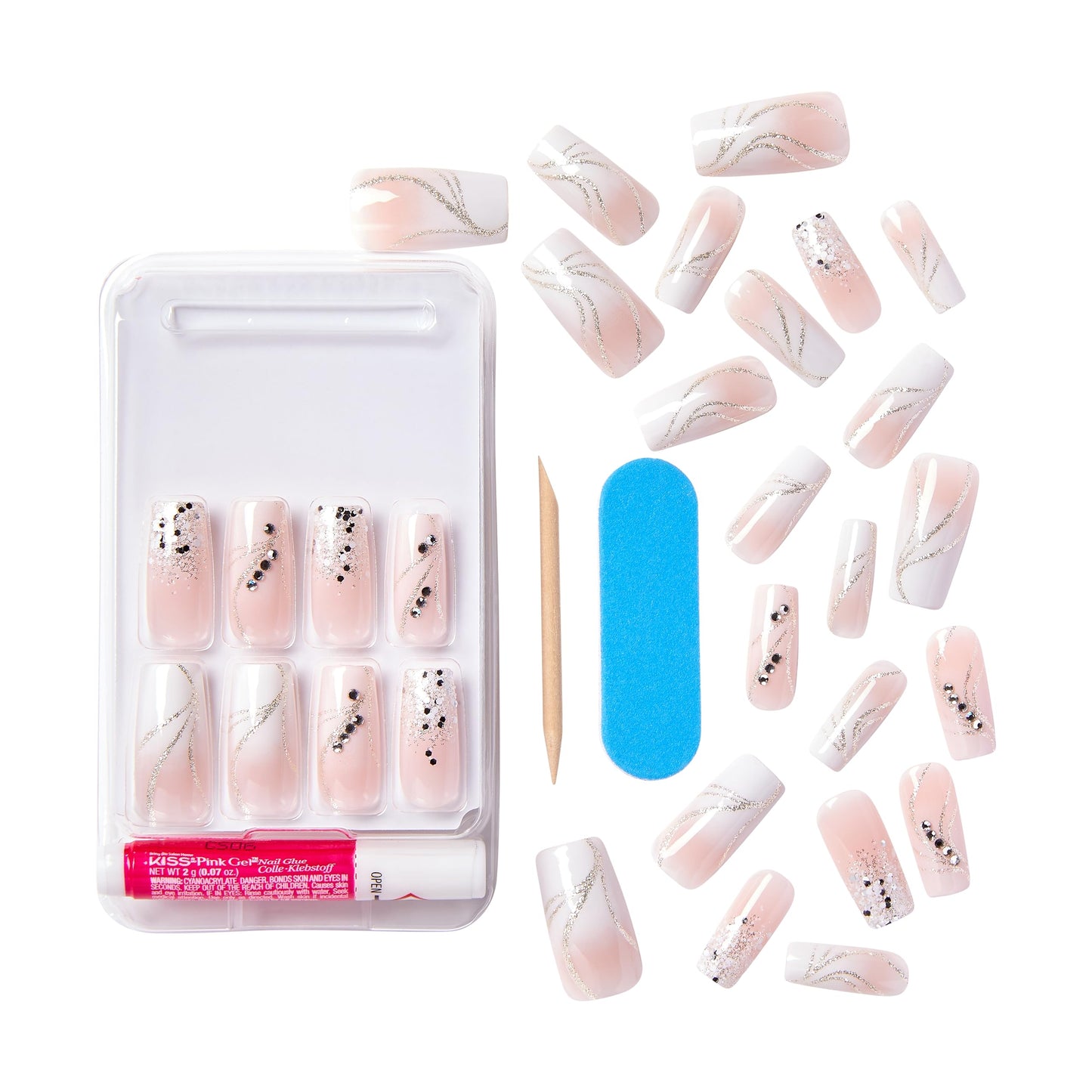 KISS Classy Premium Press On Nails, 'Stunning!', French, Long Length, Square Shape, Includes 30 Fake Nails, 2g Pink Gel Nail Glue, 1 Manicure Stick, 1 Mini File (Pack of 2)