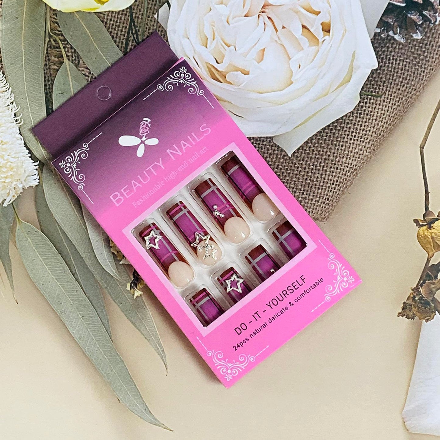 FIEONCIY Press on Nails Coffin Long Length Acrylic Glossy Full Cover Square Shaped French False Nails with Designs Artificial Extra Long Fake Nails with Charms Glue ons Fingernails for Women(FF04)