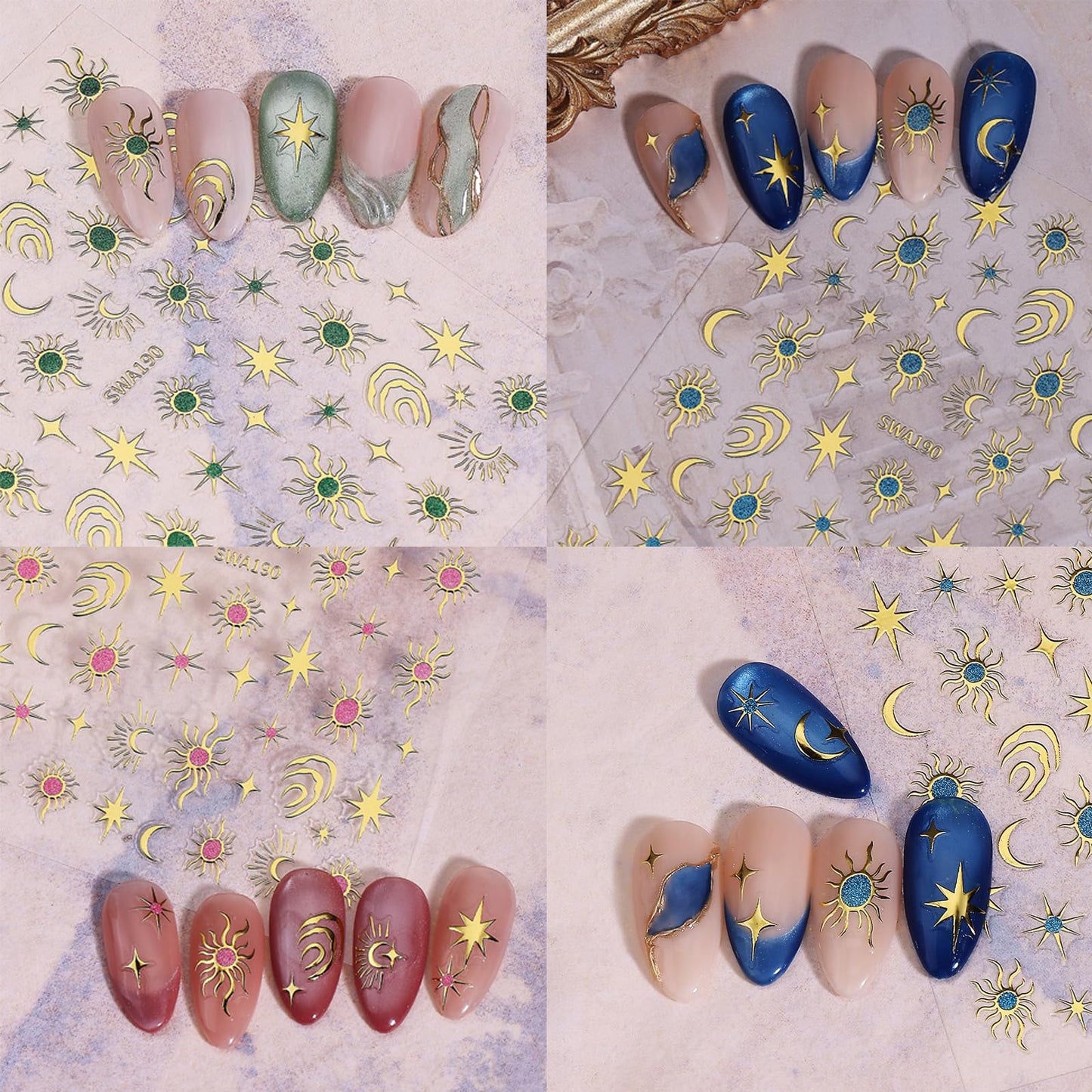 6 Sheet Celestial Nail Art Sticker Moon Star Sun Glitter Design Nail Decals 3D Self-Adhesive Nail Accessories Golden Metallic Nail Supplies Beauty Salon Sticker for Women DIY Manicure Nail Decorations