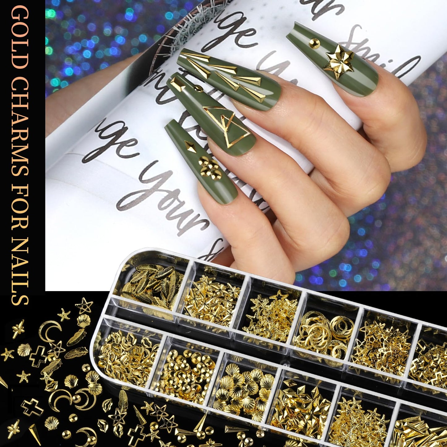 Teenitor Gold Nail Charms and Gems Set, 4 Boxes Nail Gems Nail Pearls Nail Art Tools, 3D Cross Nail Charms Heart Nail Rhinestones for Nails Supplies, Charms for Nails Design Nail Art Kit