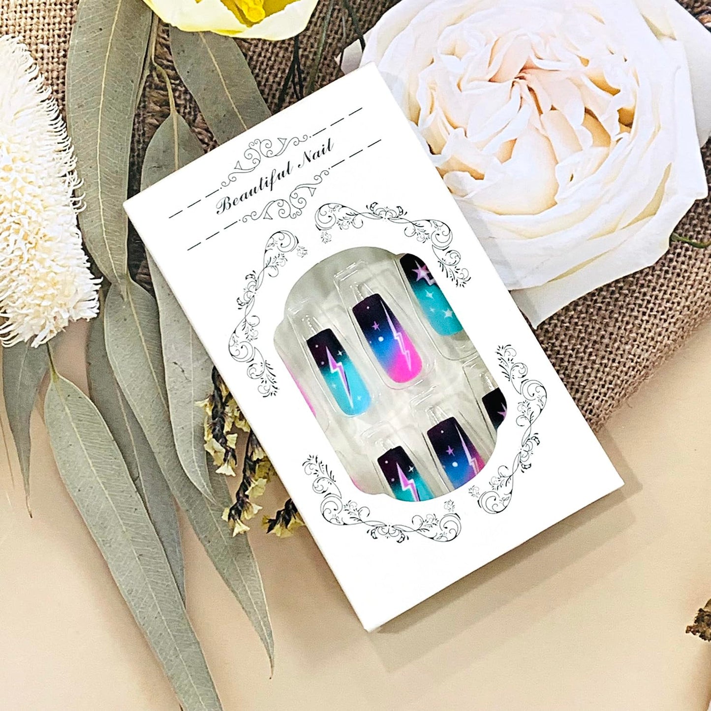 FIEONCIY Press on Nails Square Shaped Glossy Full Cover Acrylic Medium Length Square False Nails with Designs Artificial Short Coffin Fake Nails with Charms Glue ons Fingernails for Women Girls(Y471)