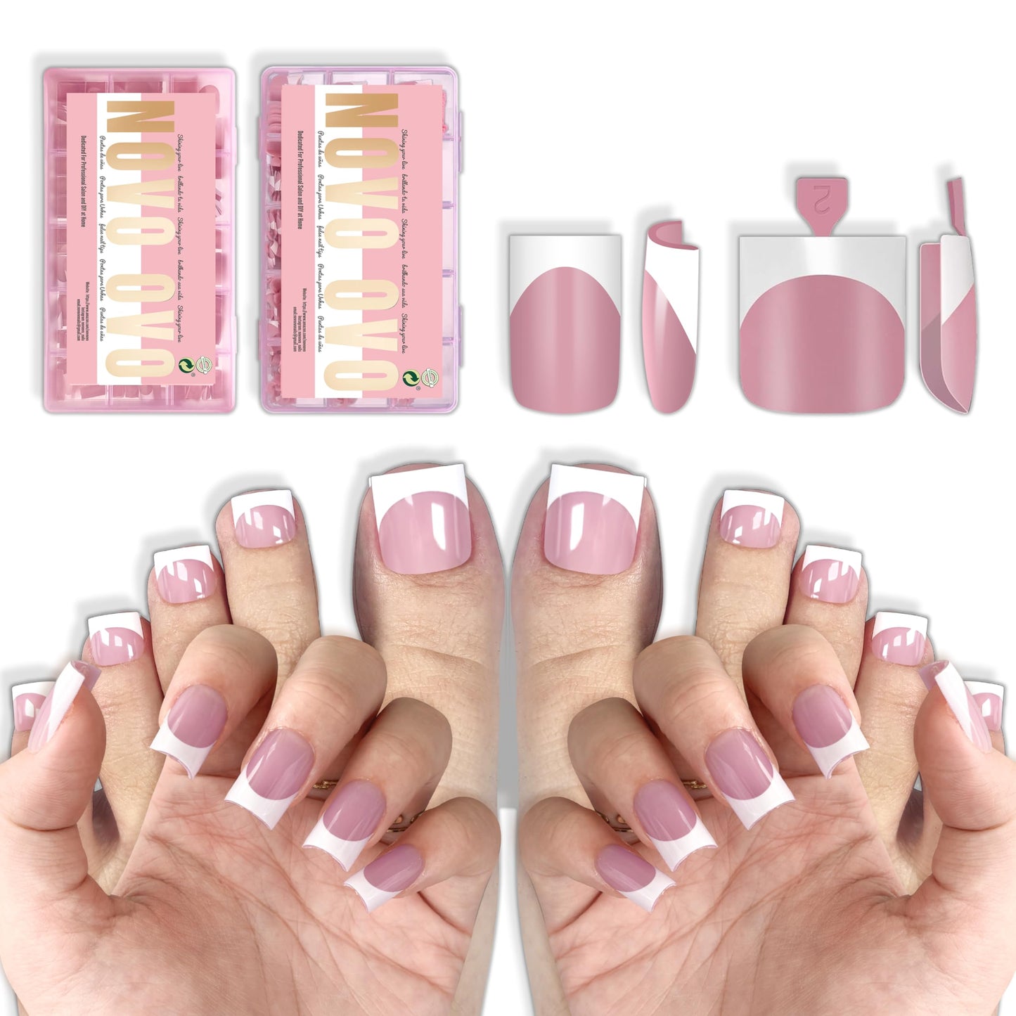 NOVO OVO Short Sharp Square White French Tip Matching Set Nail Tips Press on BERRY PINK, Including One Box of Predesigned French Tip Soft Gel x Toe Nail Tips and One Box of Finger Nail tips (240pcs)