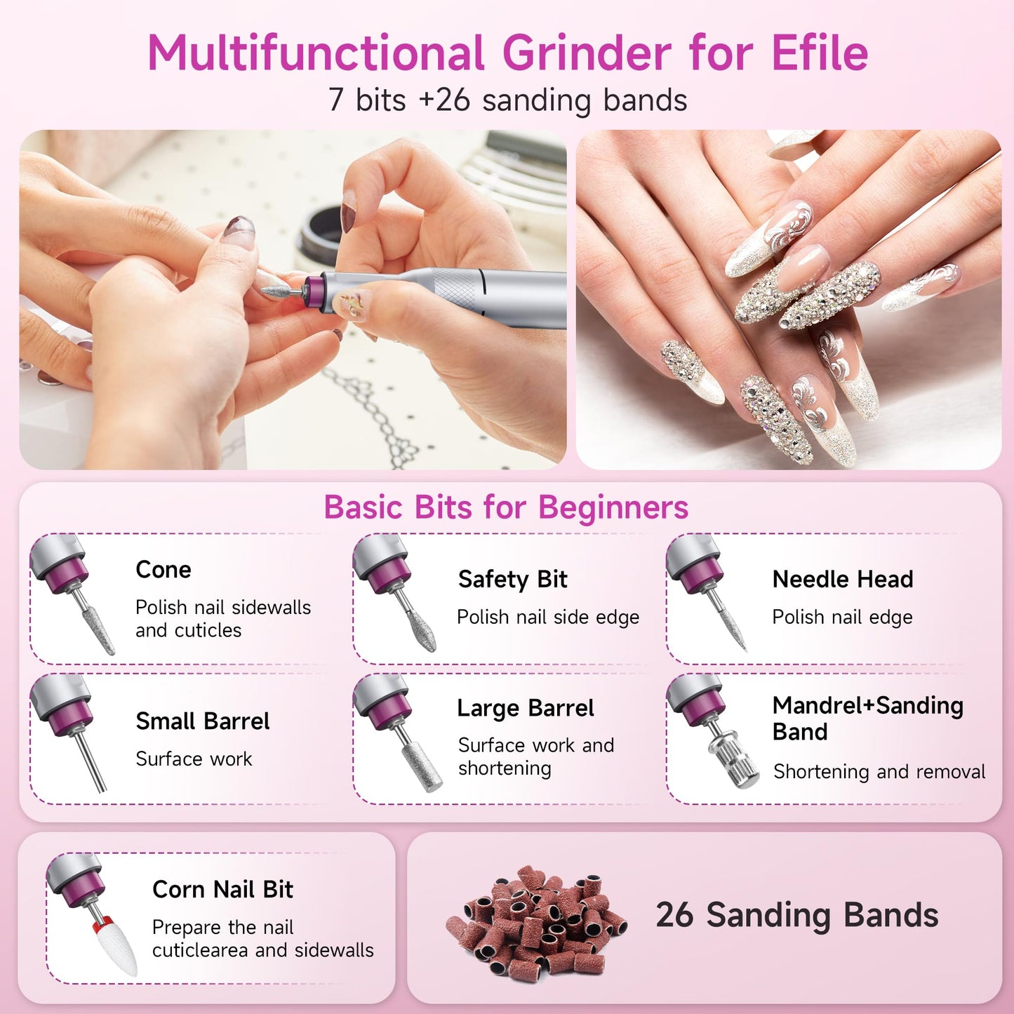 Electric Nail Drill Professional, Portable Nail File for Acrylic Gel Nails, Cordless Rechargeable Ultra Power Nail Drill Kit 40000RPM, HMC320 Salon-Grade Efile Nail Machine (White)