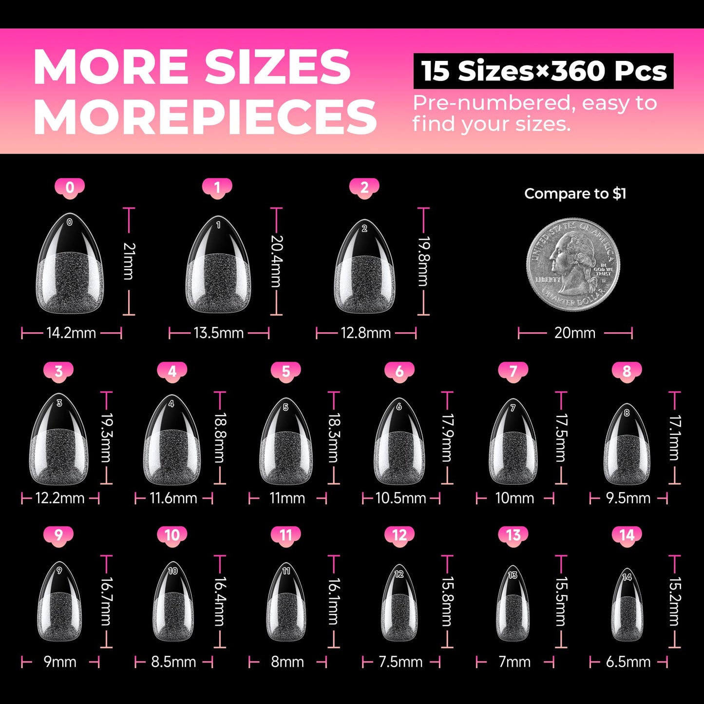 UNA GELLA Short Almond Nail Tips: 360Pcs 15 Sizes Pre-Shaped Acrylic Gel Nail Tips Half Matte Full Cover Fake Nails for Clear Press on Nails Extension DIY at Home Salon