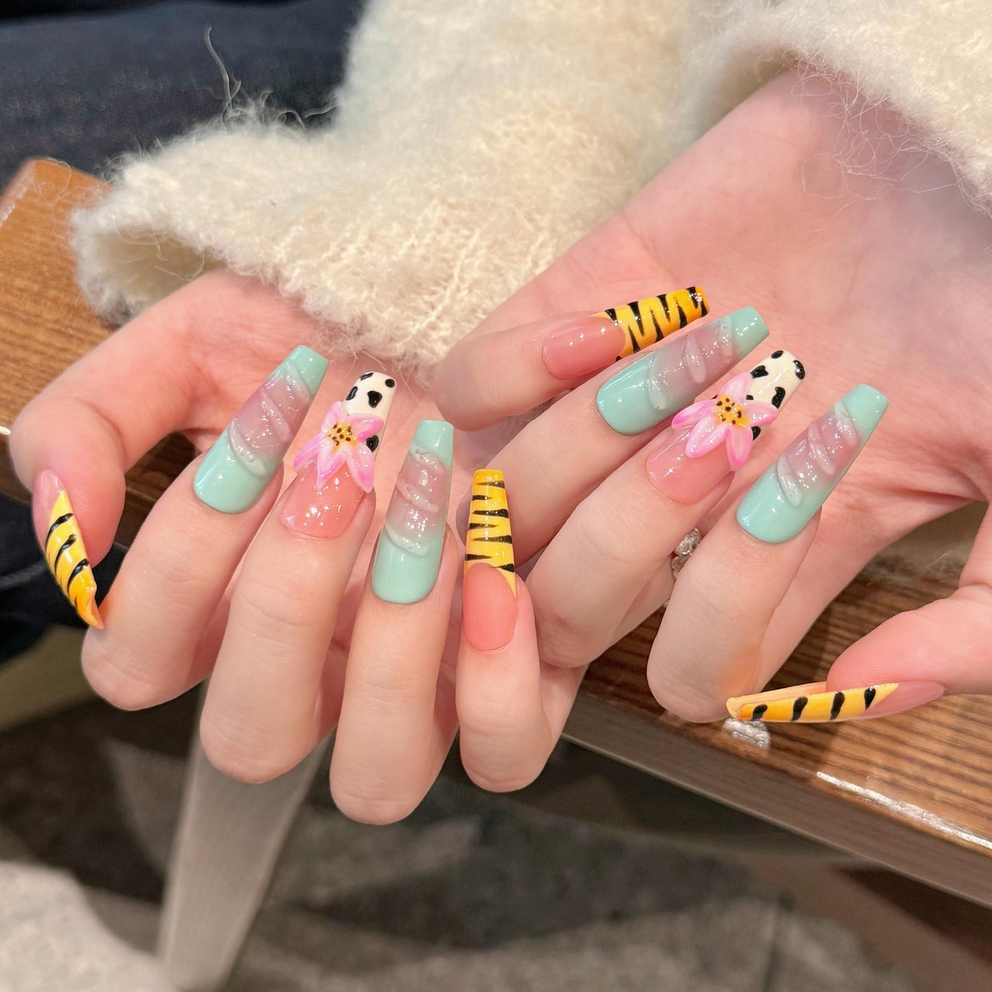Tesytto Long Coffin Press on Nails Handmade Muti-Layer Gel Fake Nails - 3D Lotus Flowers & Tiger Print, French Tip Glossy Thick Acrylic Nails (Playful Zebra with Lotus,M)