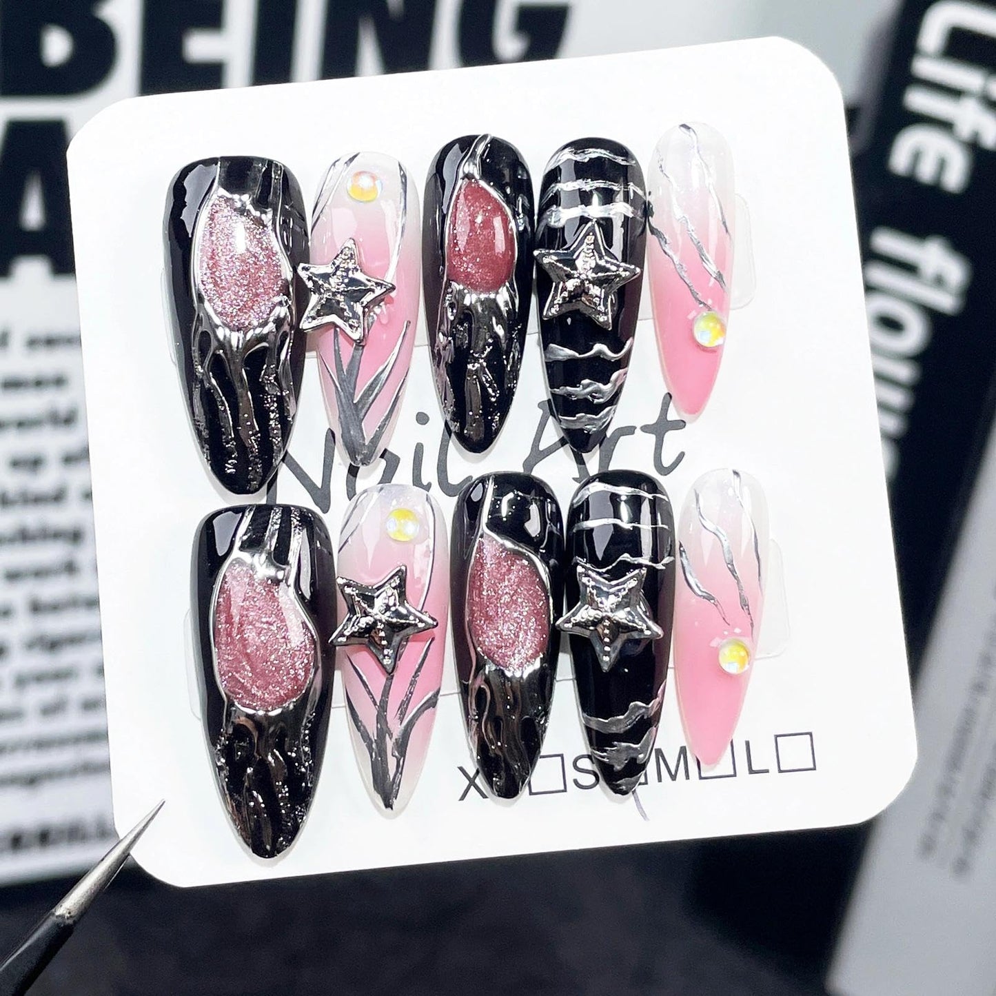 Handmade 3D Sweet Edgy Star Black Pink Stiletto Press On Nails, Metallic Stream Glitter Artisan Nails Set, Reusable Glossy Press-ons with Tool Kit(M)