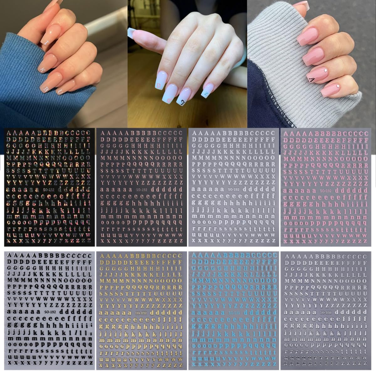 8 Sheets Letter Nail Stickers Gold Silver English Alphabet Nail Art Stickers 3D Self-Adhesive Alphabet Nail Design White Black Laser Personalized Letter for Women Girls DIY Nail Decoration