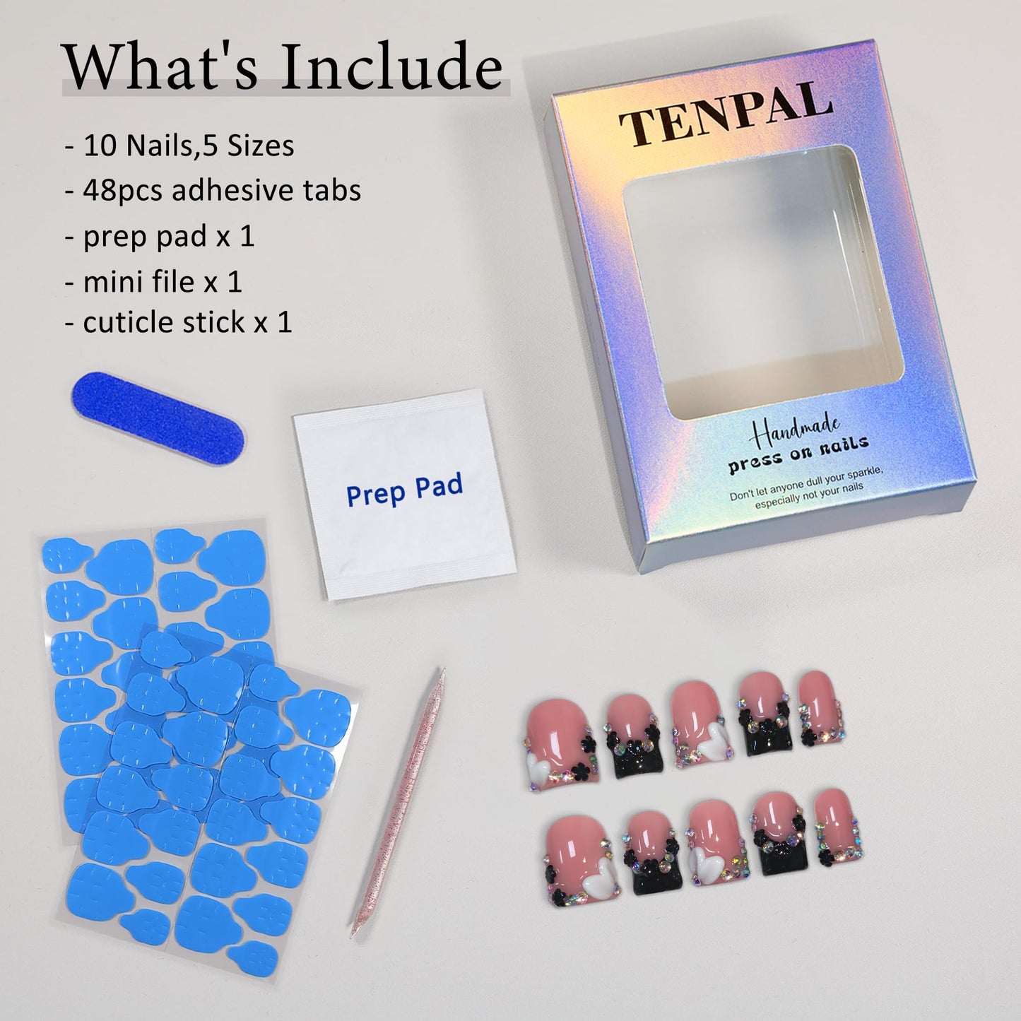 TENPAL Short Squoval Square Press on Nails - Nude Pink French Ombre Black White with Glitter Carving Florals| Icy Glossy Sweet Edge Style False Nails(M)